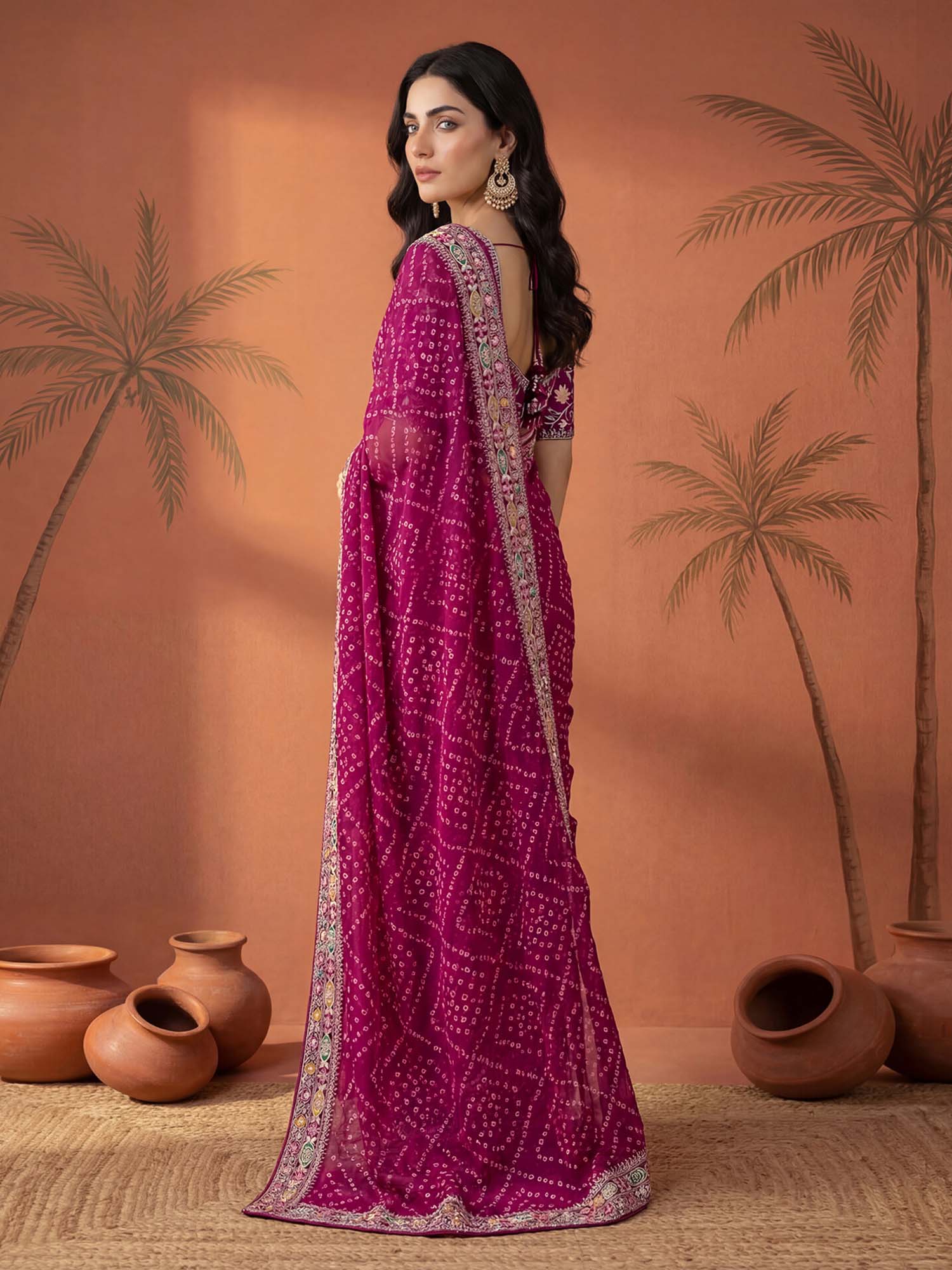 Magenta Bandhani Printed Georgette Saree with Unstitched Blouse