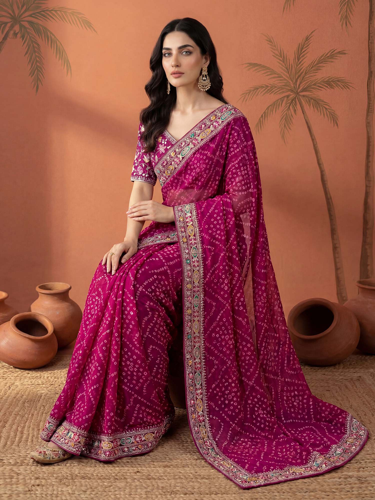 Magenta Bandhani Printed Georgette Saree with Unstitched Blouse