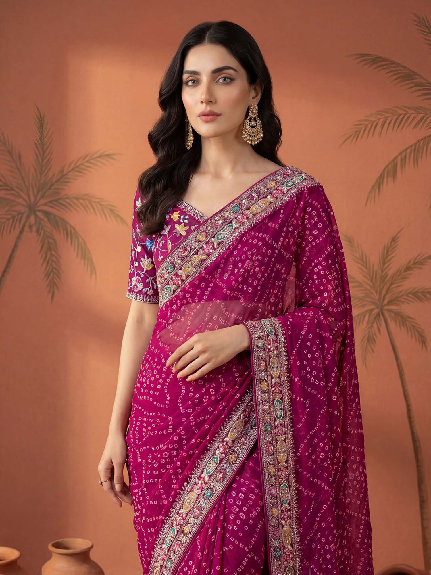 Magenta Bandhani Printed Georgette Saree with Unstitched Blouse