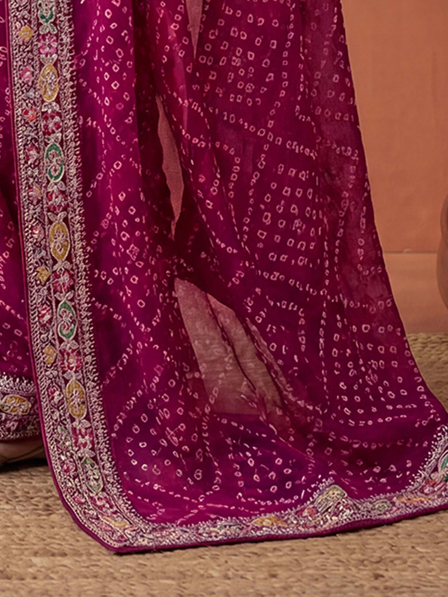 Magenta Bandhani Printed Georgette Saree with Unstitched Blouse