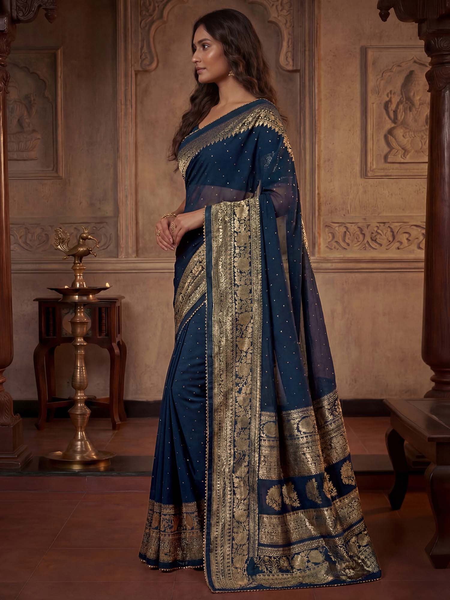 Navy Blue Floral Foil Printed Georgette Saree with Unstitched Blouse