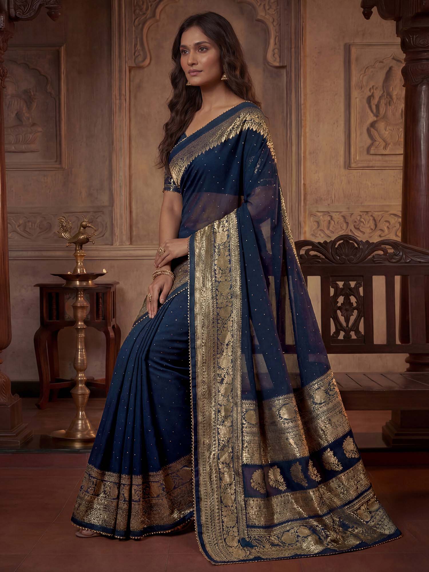 Navy Blue Floral Foil Printed Georgette Saree with Unstitched Blouse