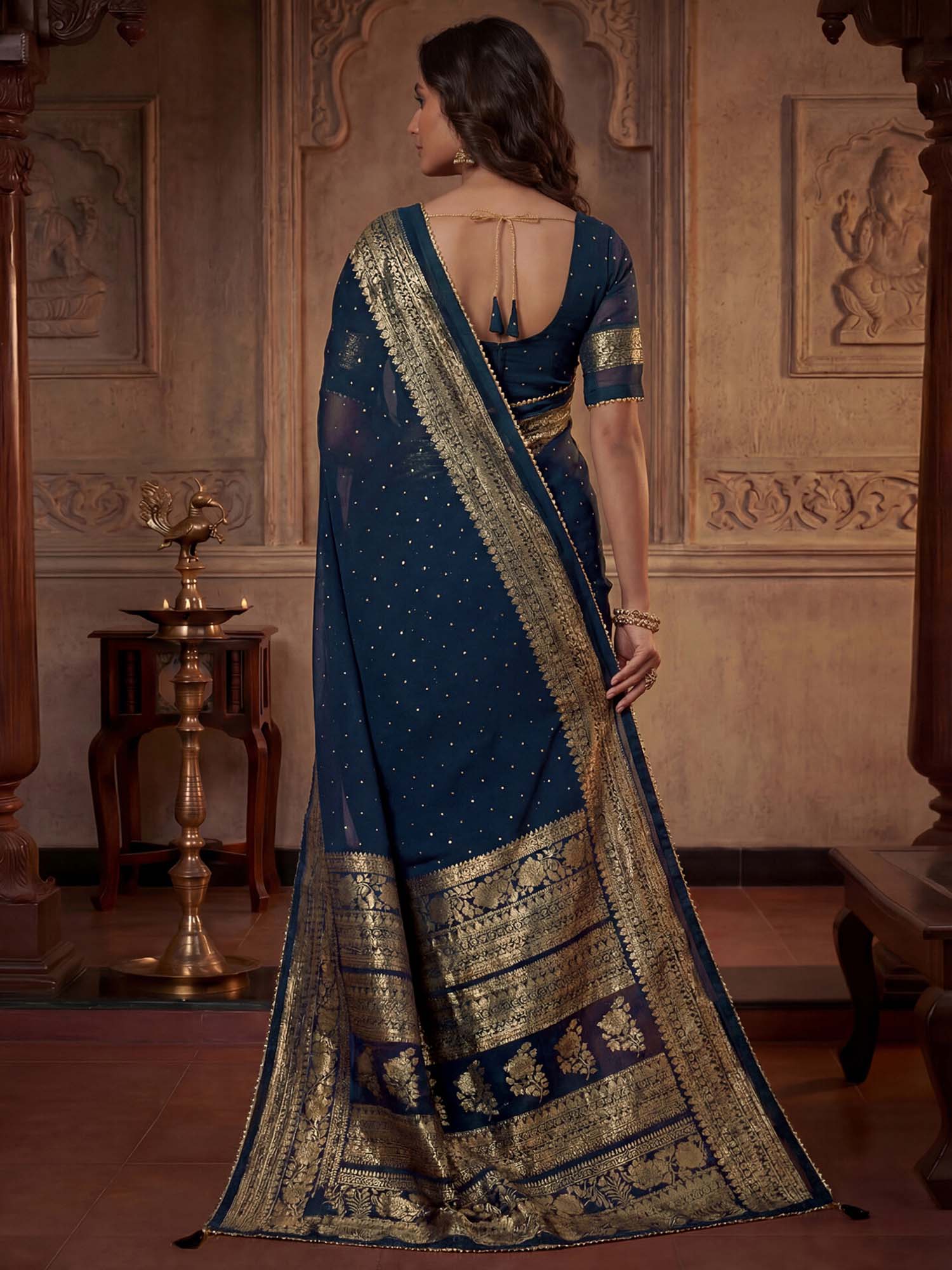 Navy Blue Floral Foil Printed Georgette Saree with Unstitched Blouse