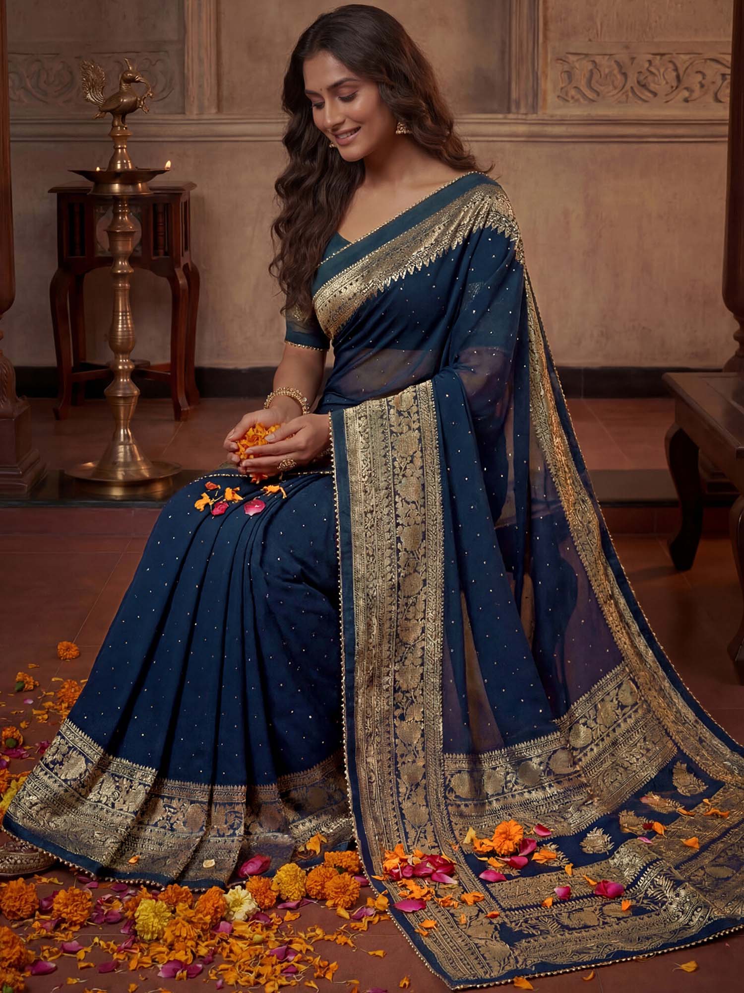 Navy Blue Floral Foil Printed Georgette Saree with Unstitched Blouse