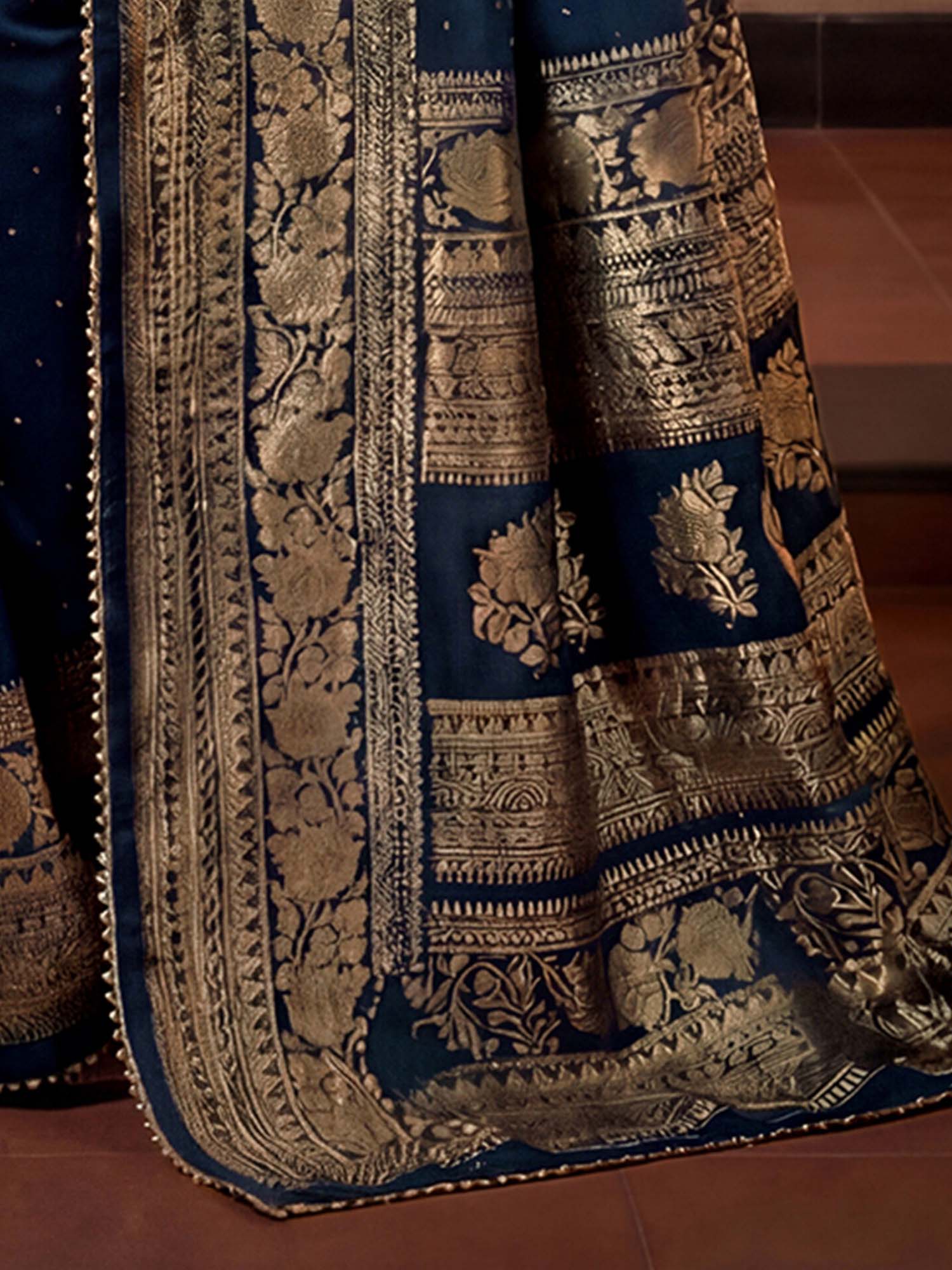 Navy Blue Floral Foil Printed Georgette Saree with Unstitched Blouse