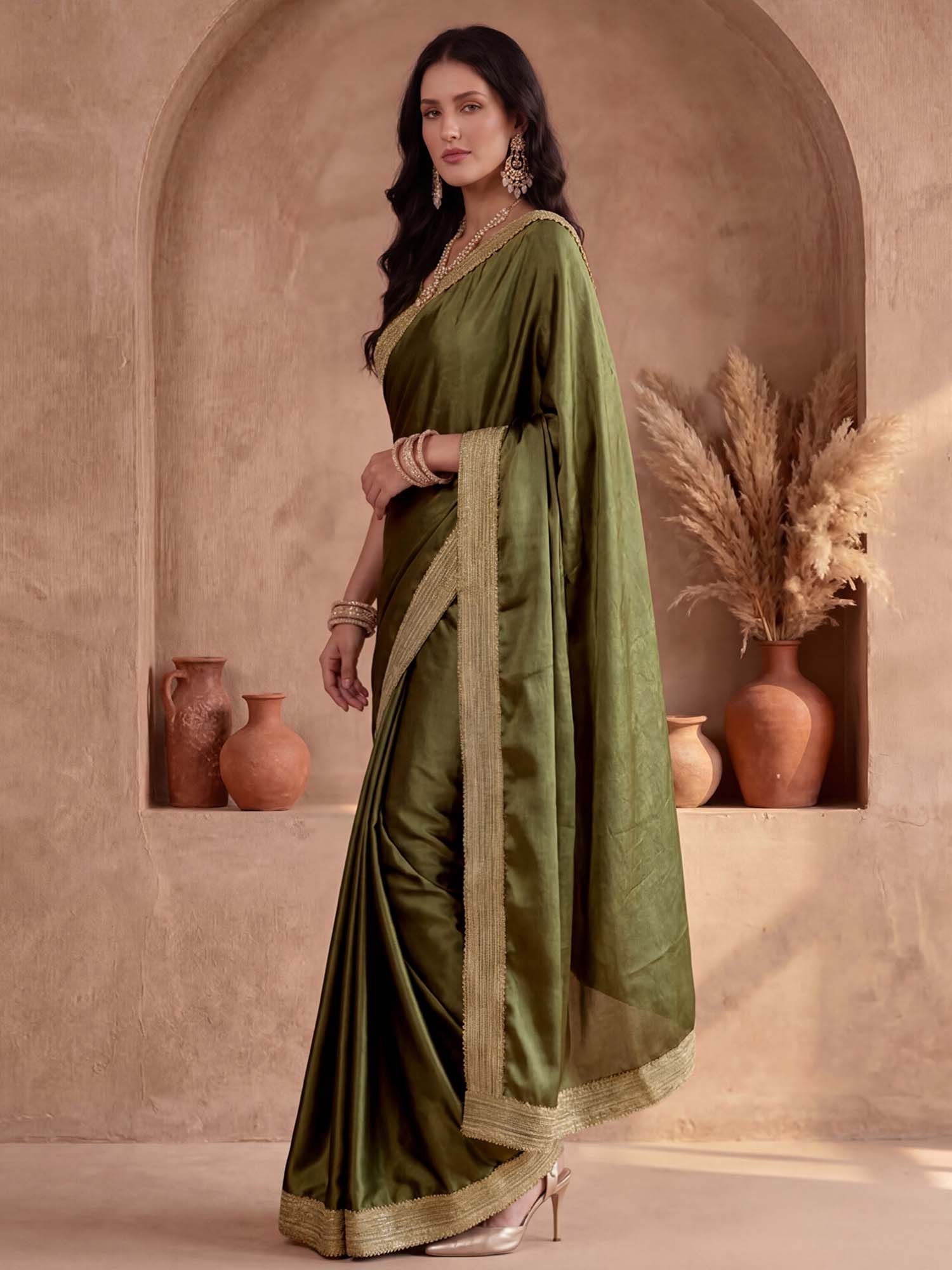 Olive Solid Gota Lace Work Silk Saree with Unstitched Blouse