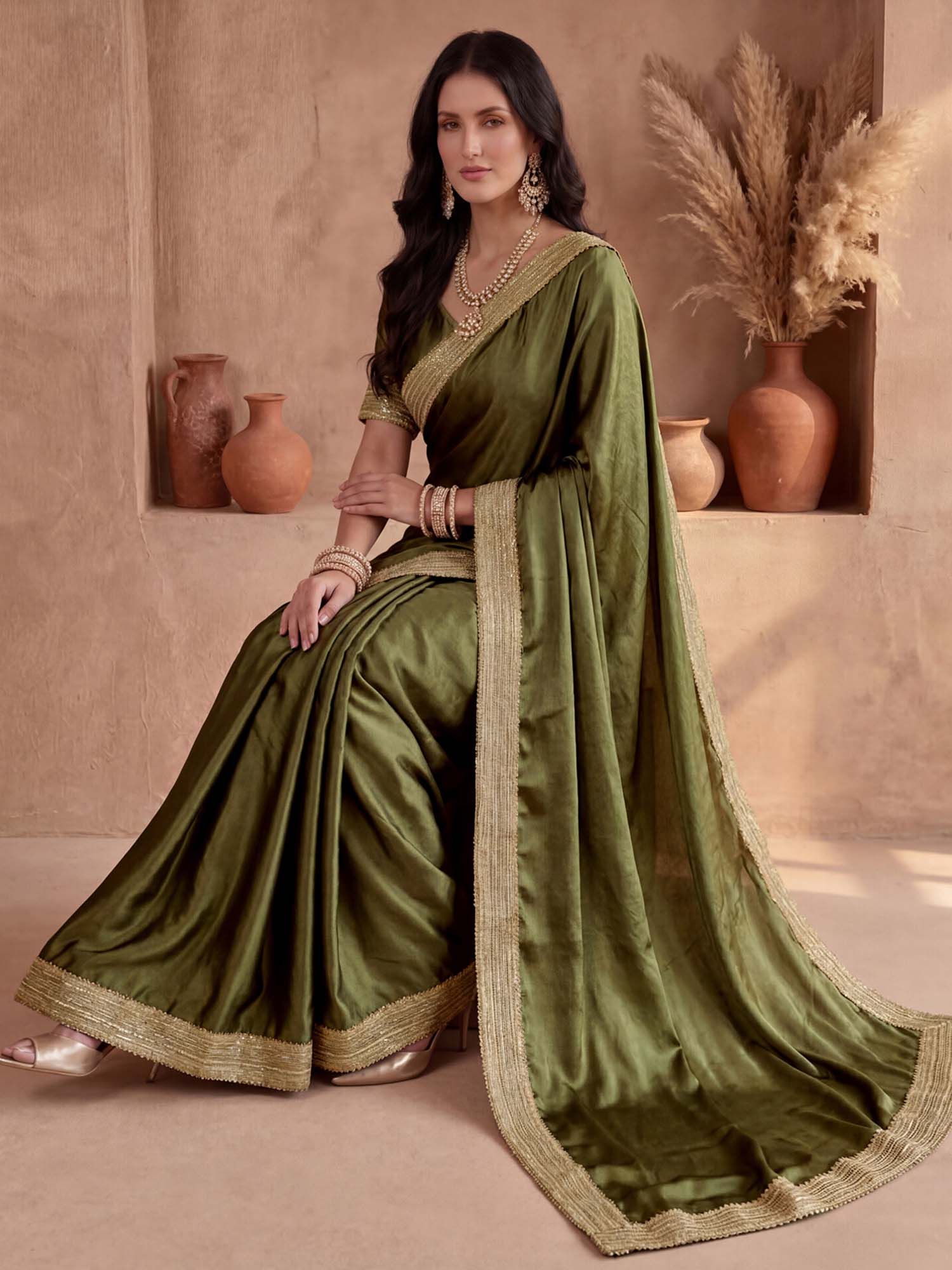Olive Solid Gota Lace Work Silk Saree with Unstitched Blouse