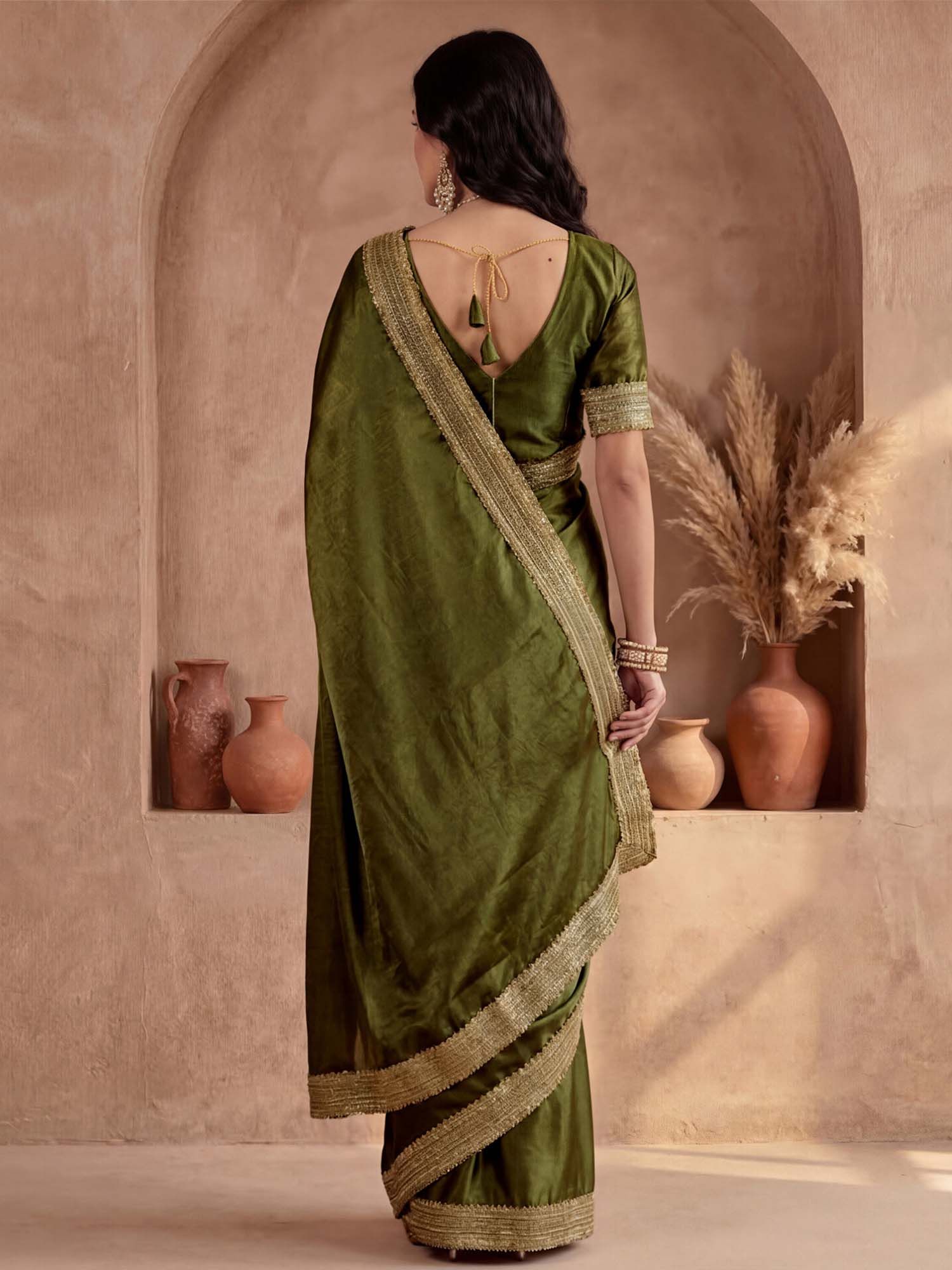 Olive Solid Gota Lace Work Silk Saree with Unstitched Blouse