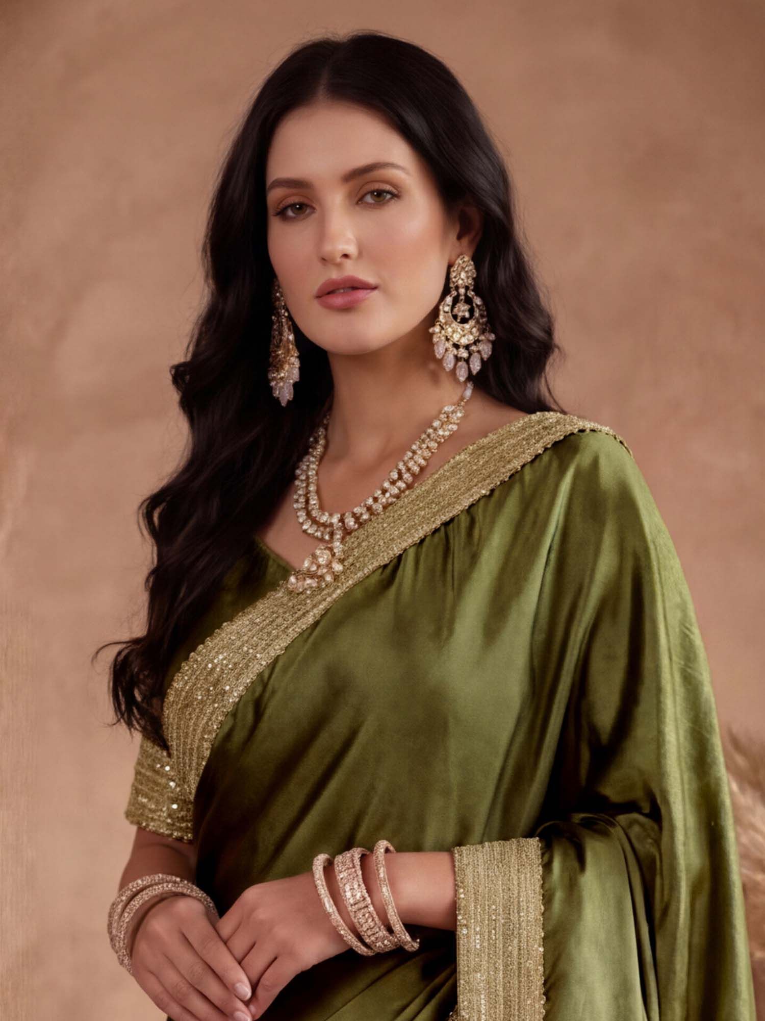 Olive Solid Gota Lace Work Silk Saree with Unstitched Blouse