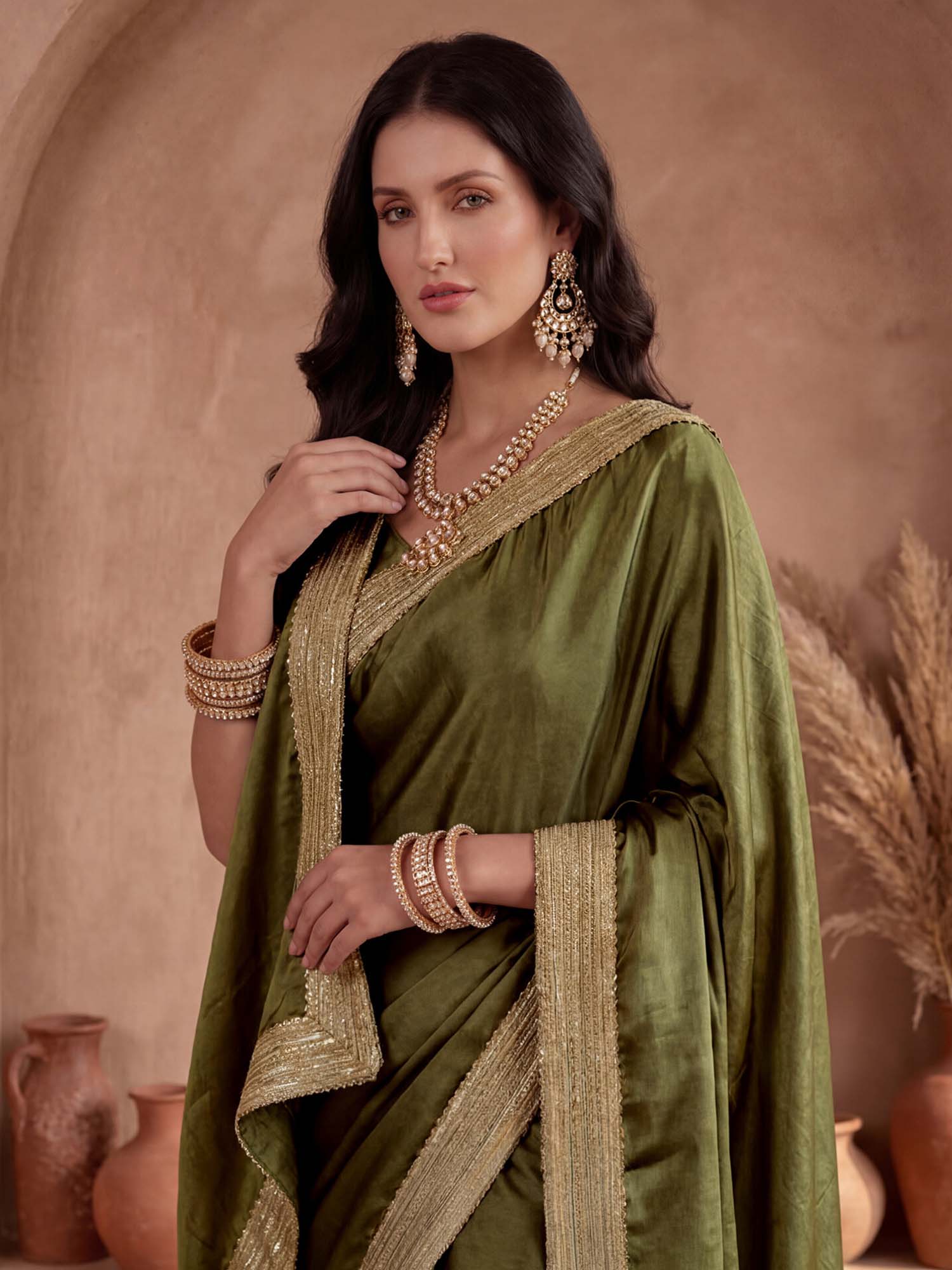 Olive Solid Gota Lace Work Silk Saree with Unstitched Blouse