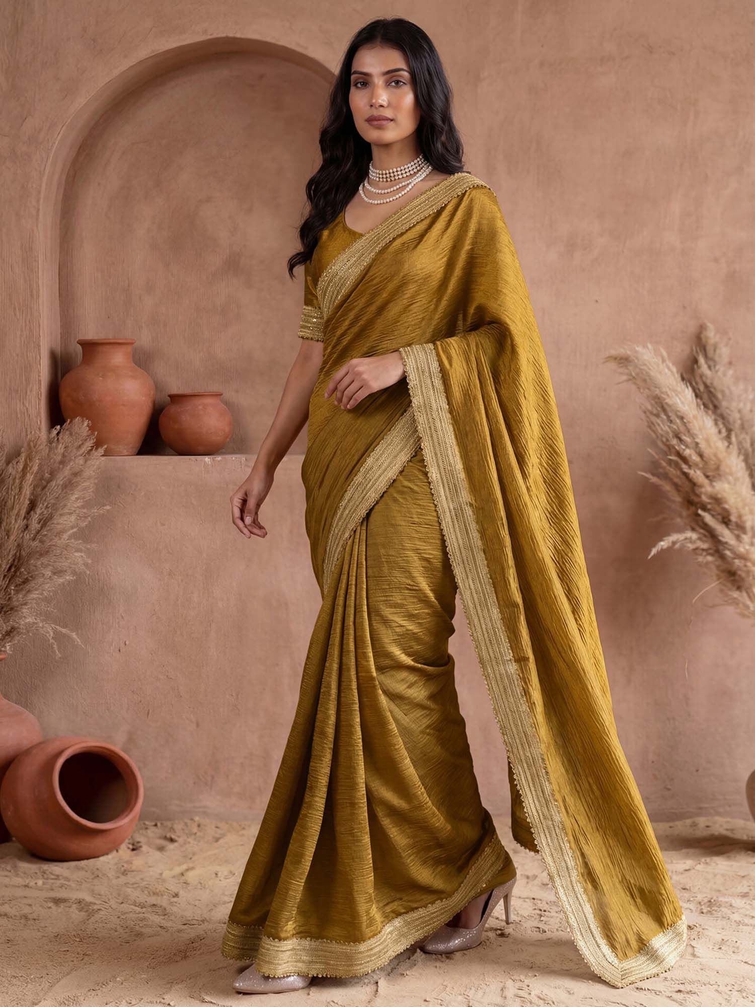 Mustard Solid Gota Lace Work Silk Saree with Unstitched Blouse