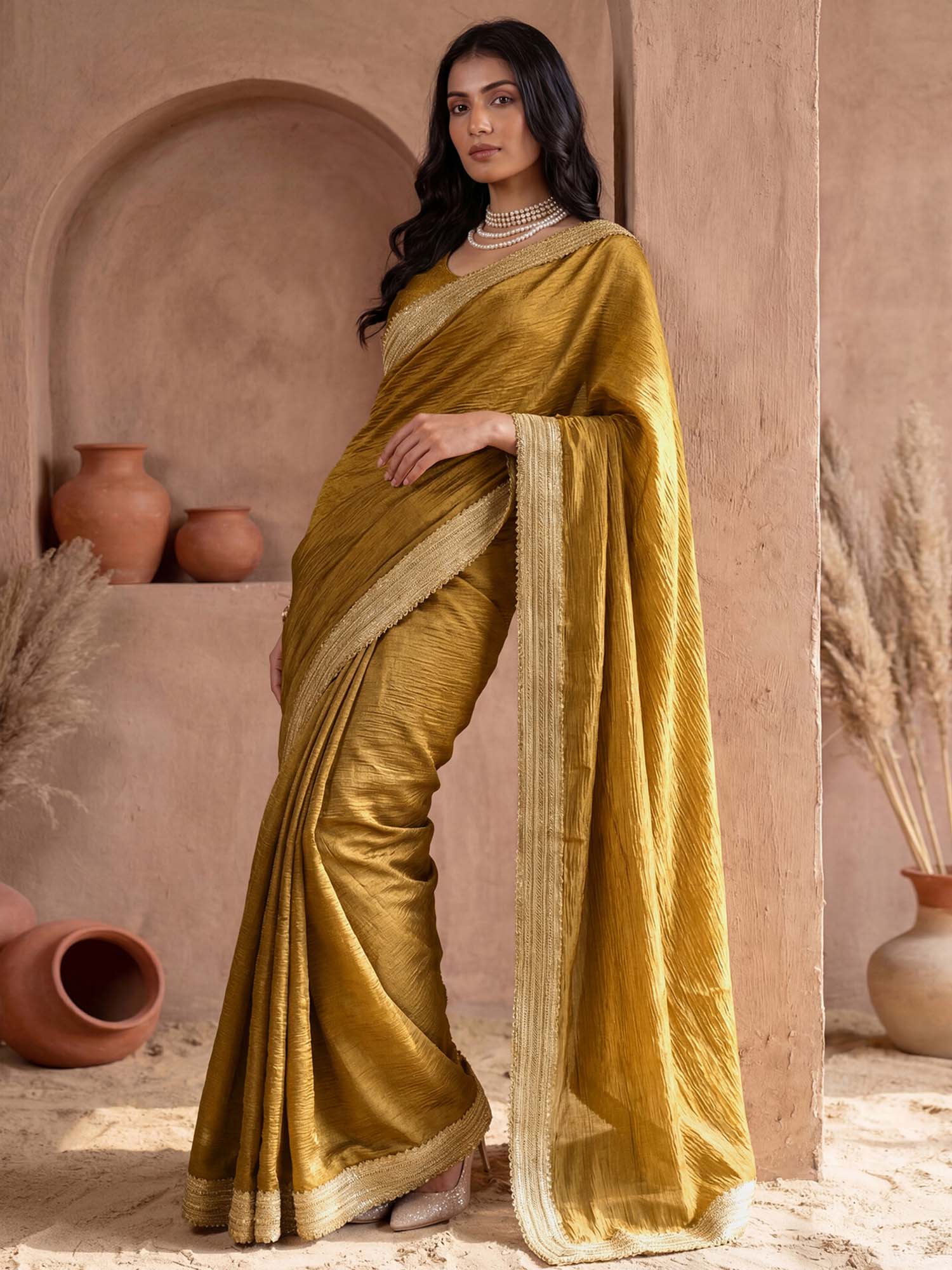 Mustard Solid Gota Lace Work Silk Saree with Unstitched Blouse