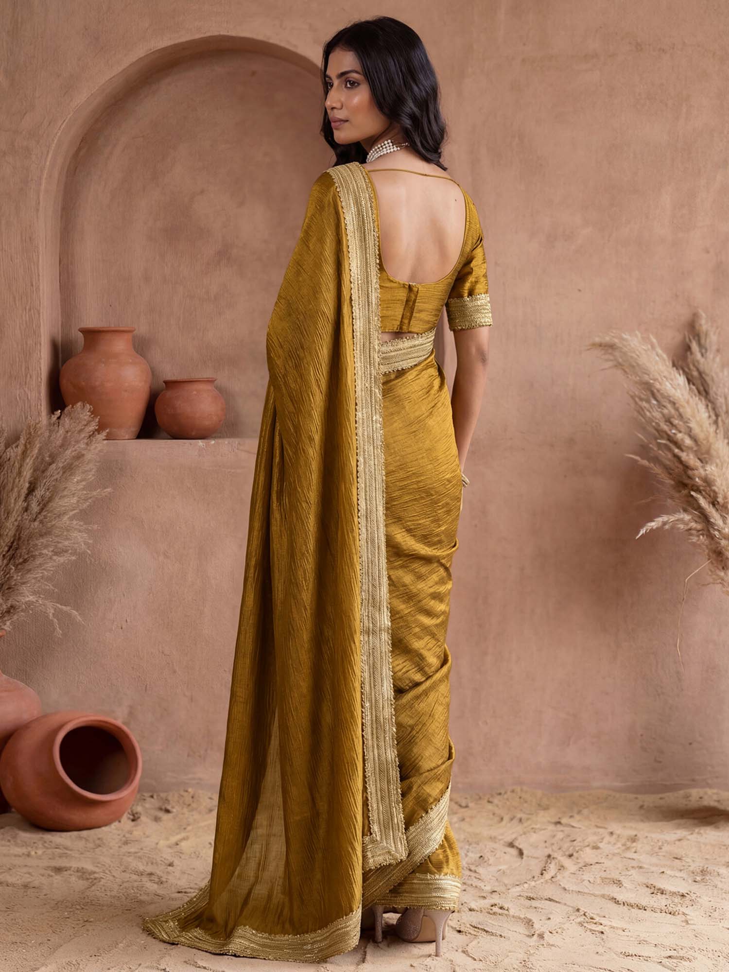 Mustard Solid Gota Lace Work Silk Saree with Unstitched Blouse