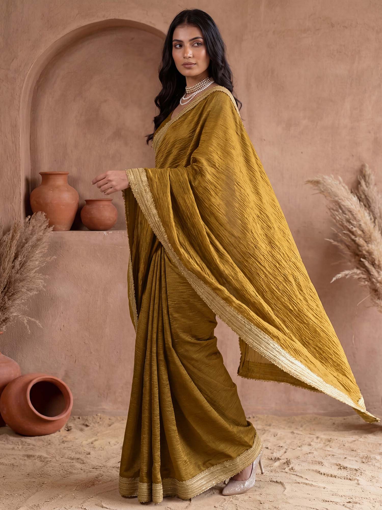 Mustard Solid Gota Lace Work Silk Saree with Unstitched Blouse