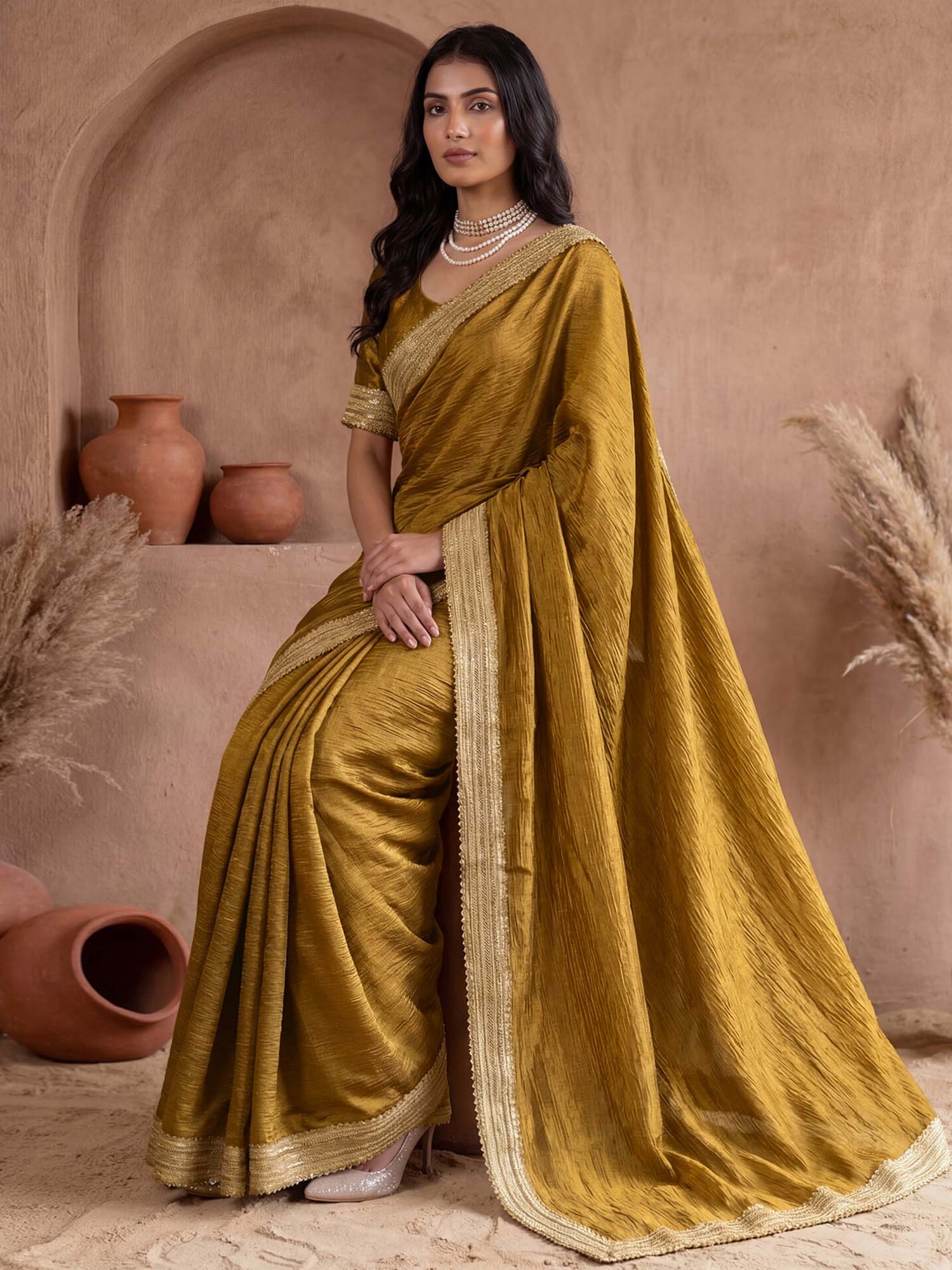 Mustard Solid Gota Lace Work Silk Saree with Unstitched Blouse