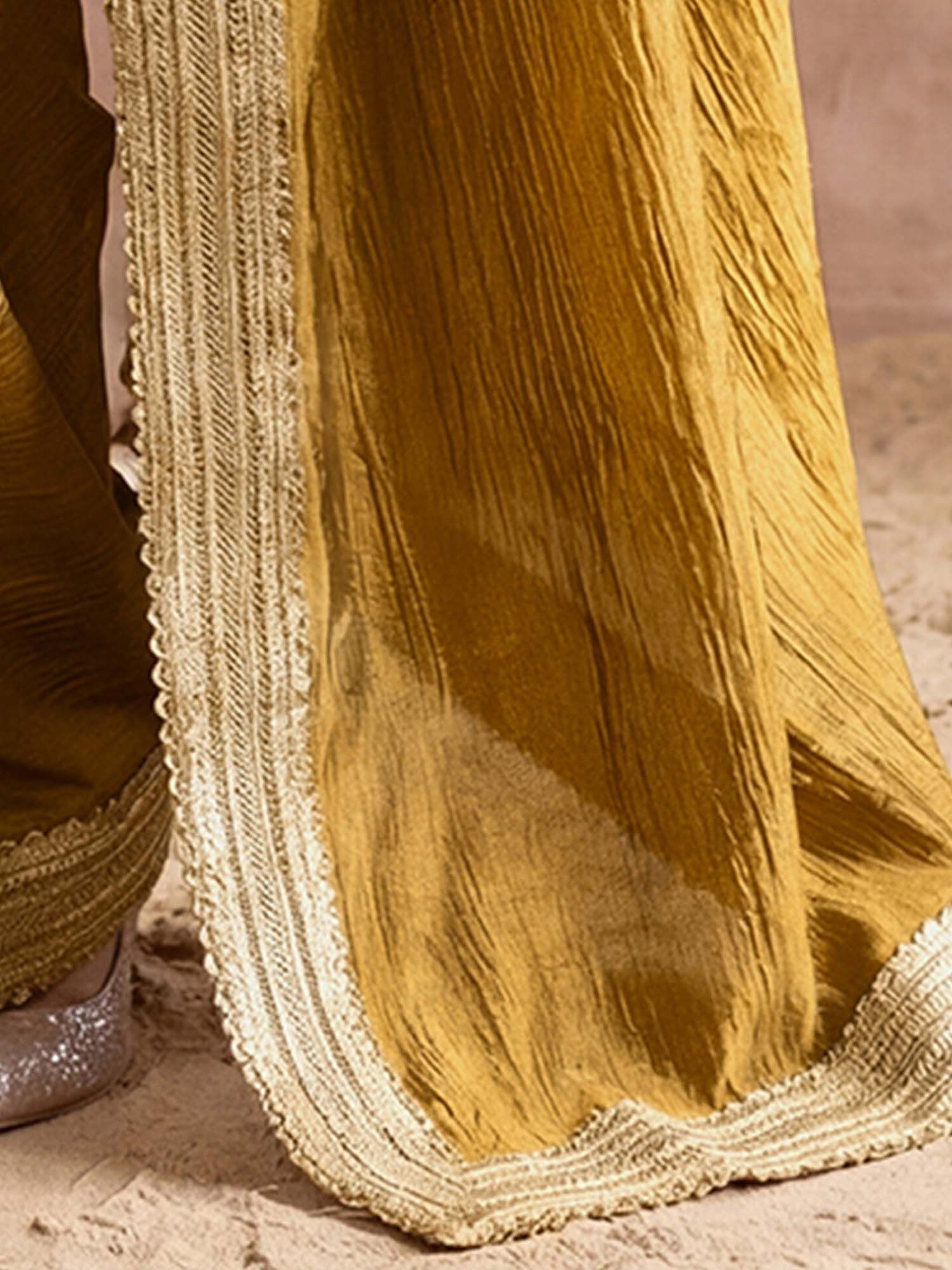 Mustard Solid Gota Lace Work Silk Saree with Unstitched Blouse