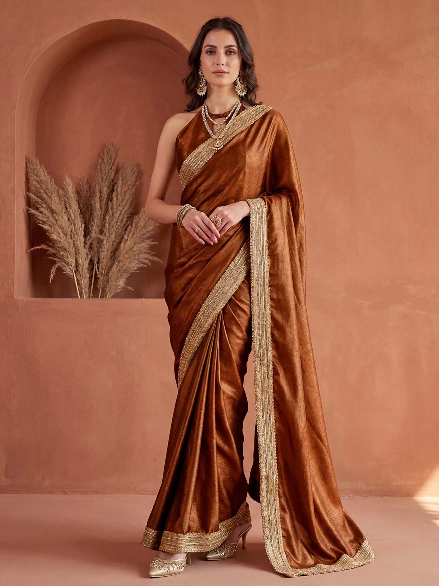 Copper Solid Gota Lace Work Silk Saree with Unstitched Blouse