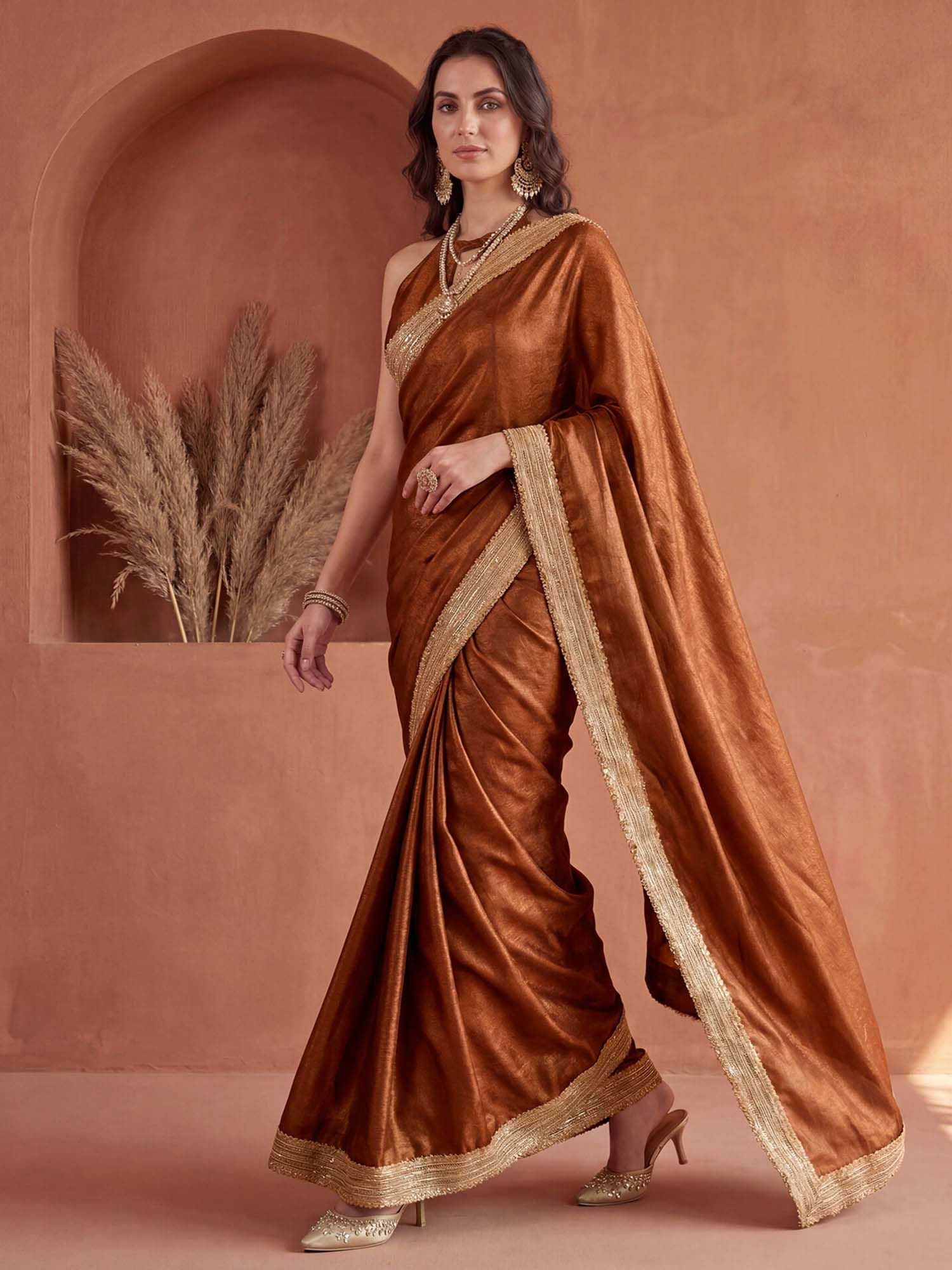 Copper Solid Gota Lace Work Silk Saree with Unstitched Blouse