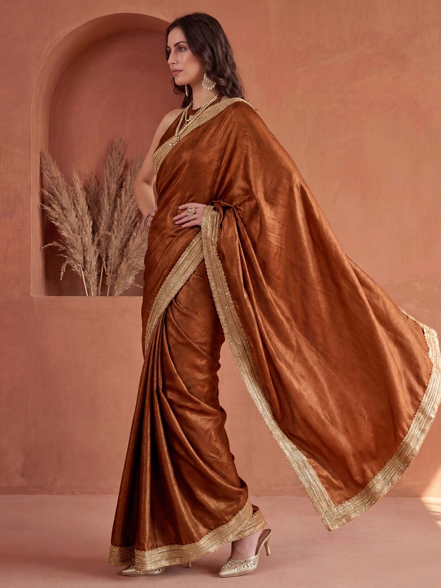 Copper Solid Gota Lace Work Silk Saree with Unstitched Blouse