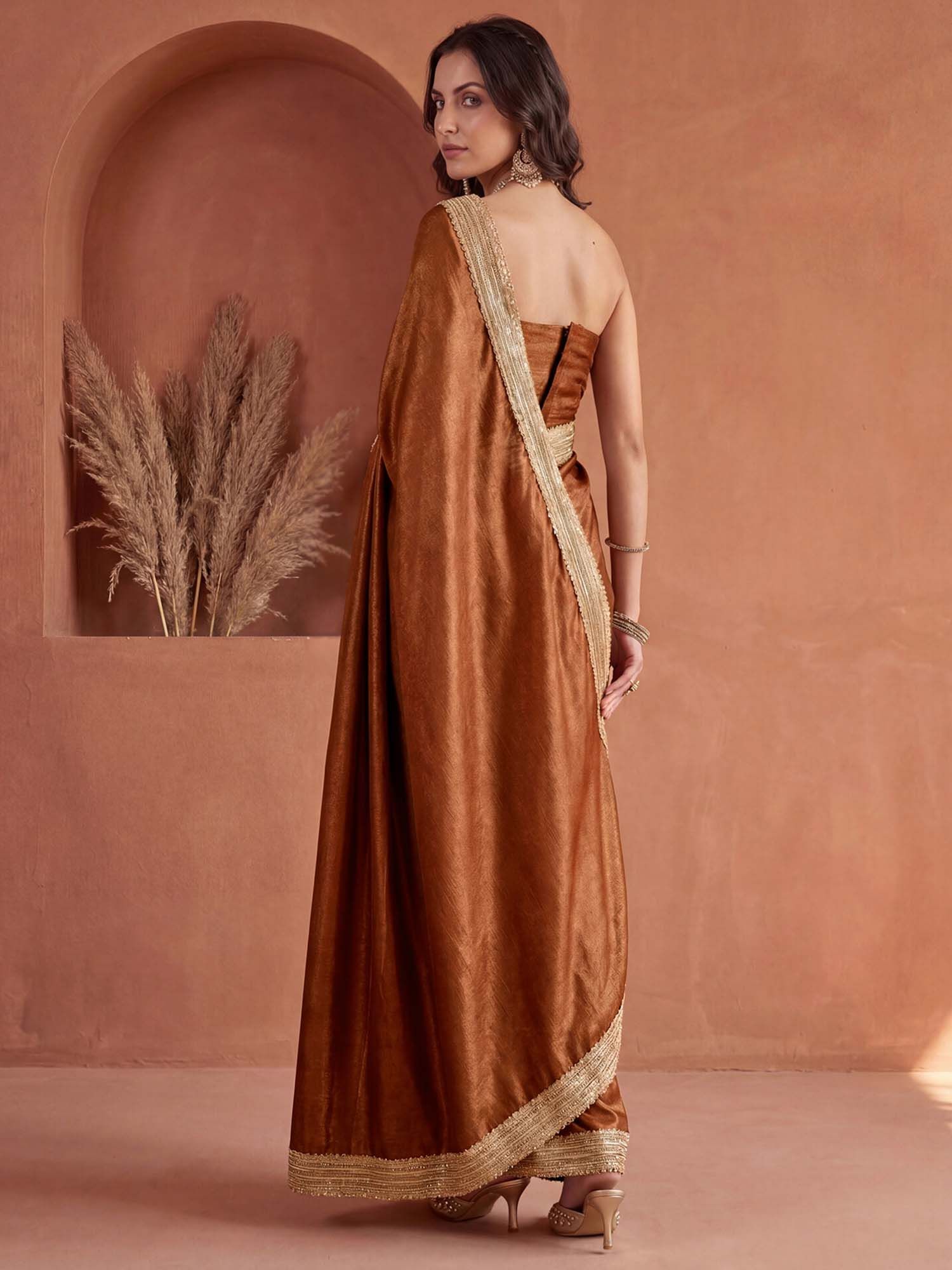 Copper Solid Gota Lace Work Silk Saree with Unstitched Blouse