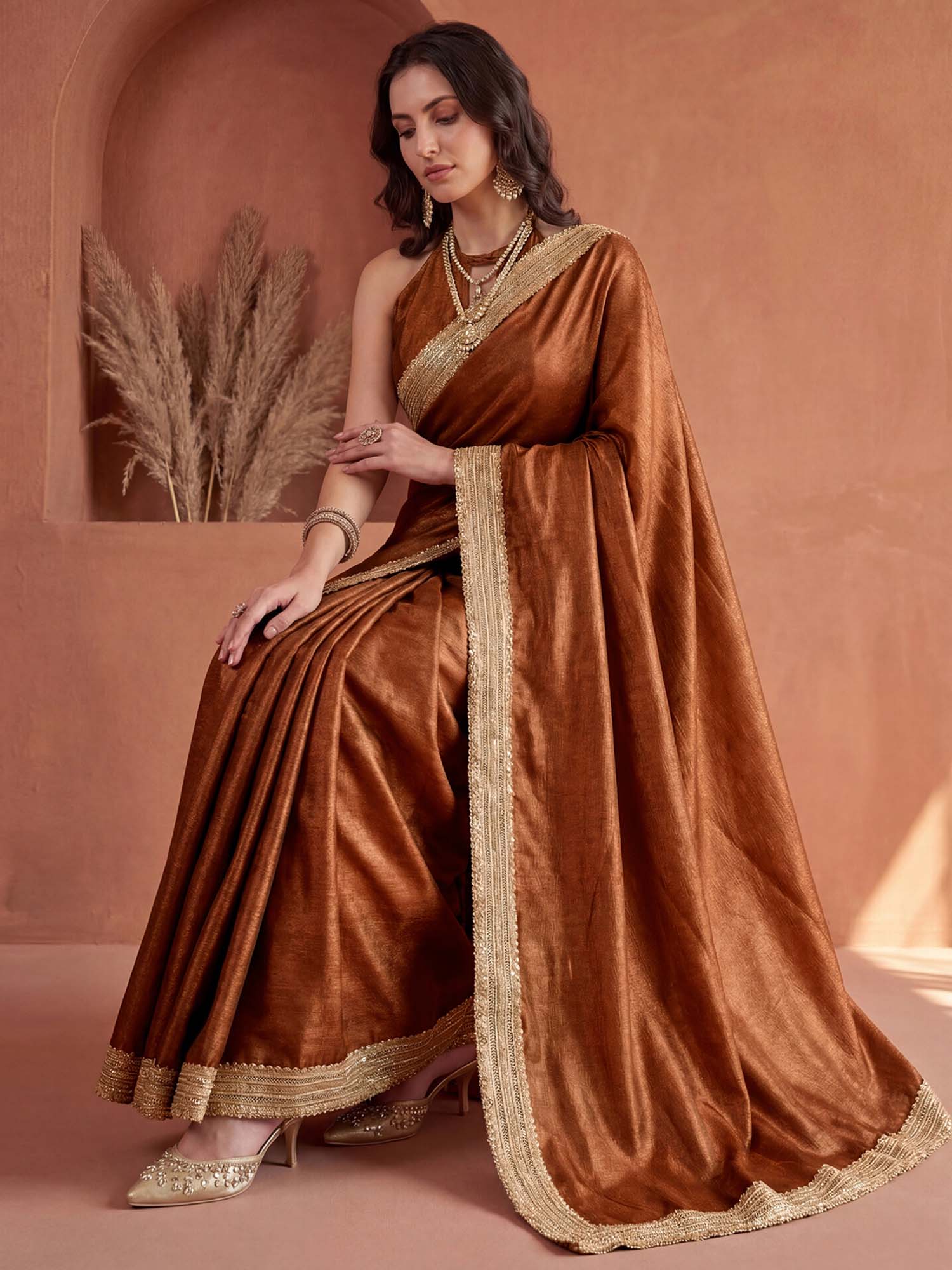 Copper Solid Gota Lace Work Silk Saree with Unstitched Blouse