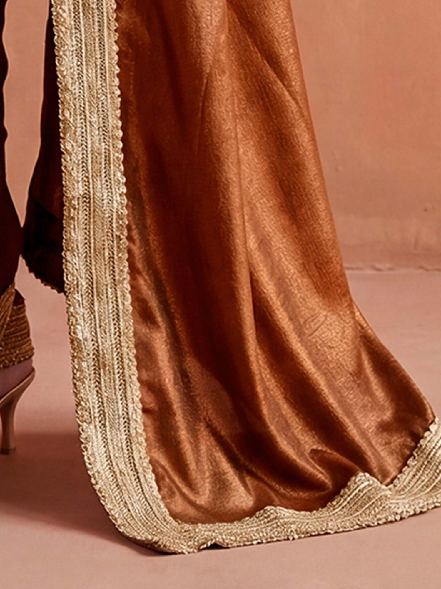 Copper Solid Gota Lace Work Silk Saree with Unstitched Blouse