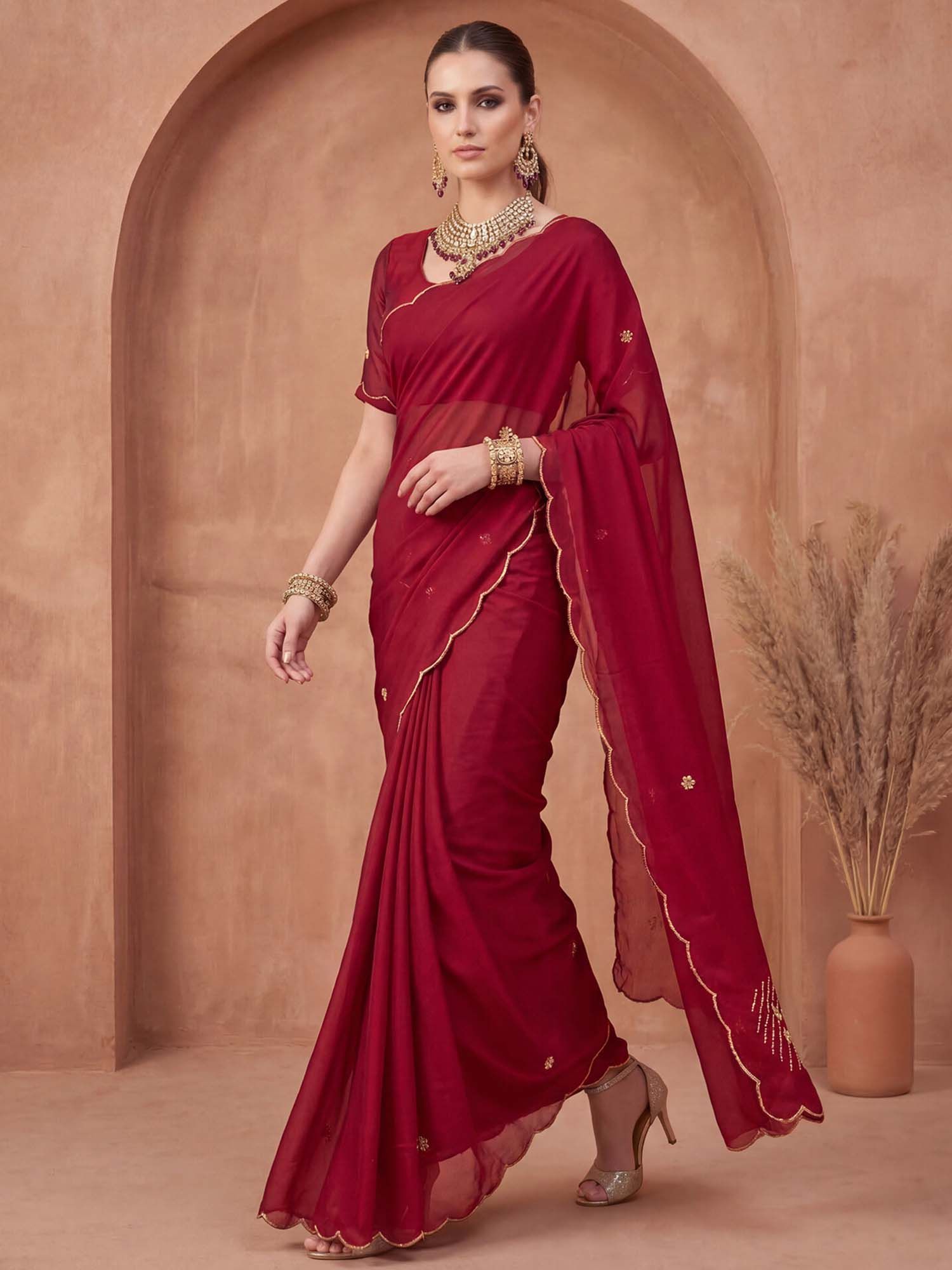 Maroon Hand Embroidery Scalloped Border Silk Saree with Unstitched Blouse