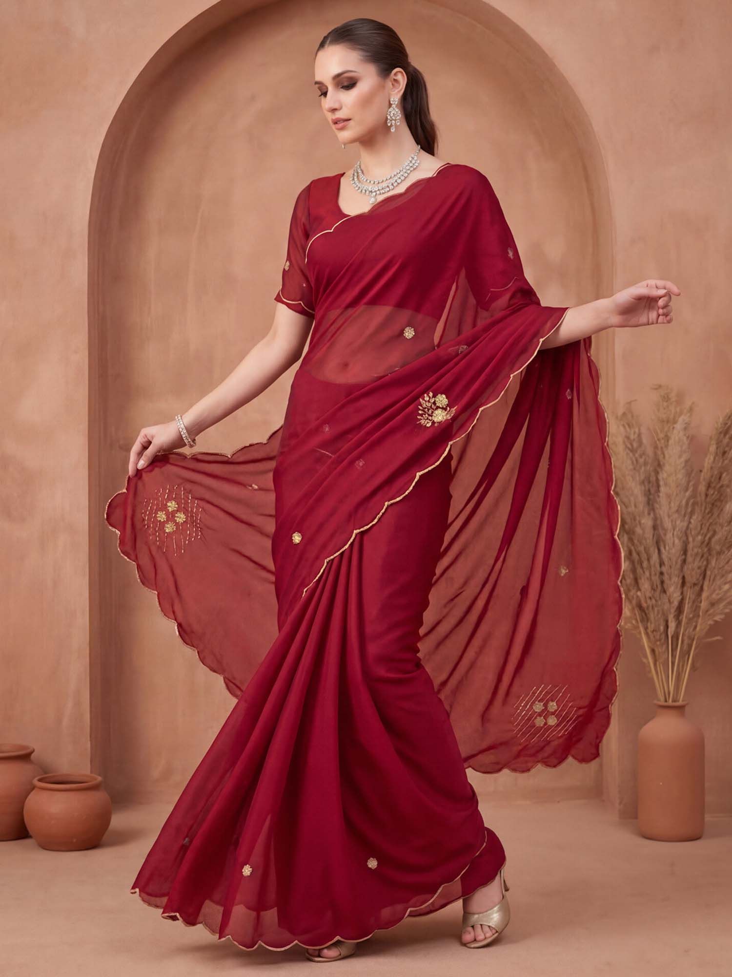 Maroon Hand Embroidery Scalloped Border Silk Saree with Unstitched Blouse