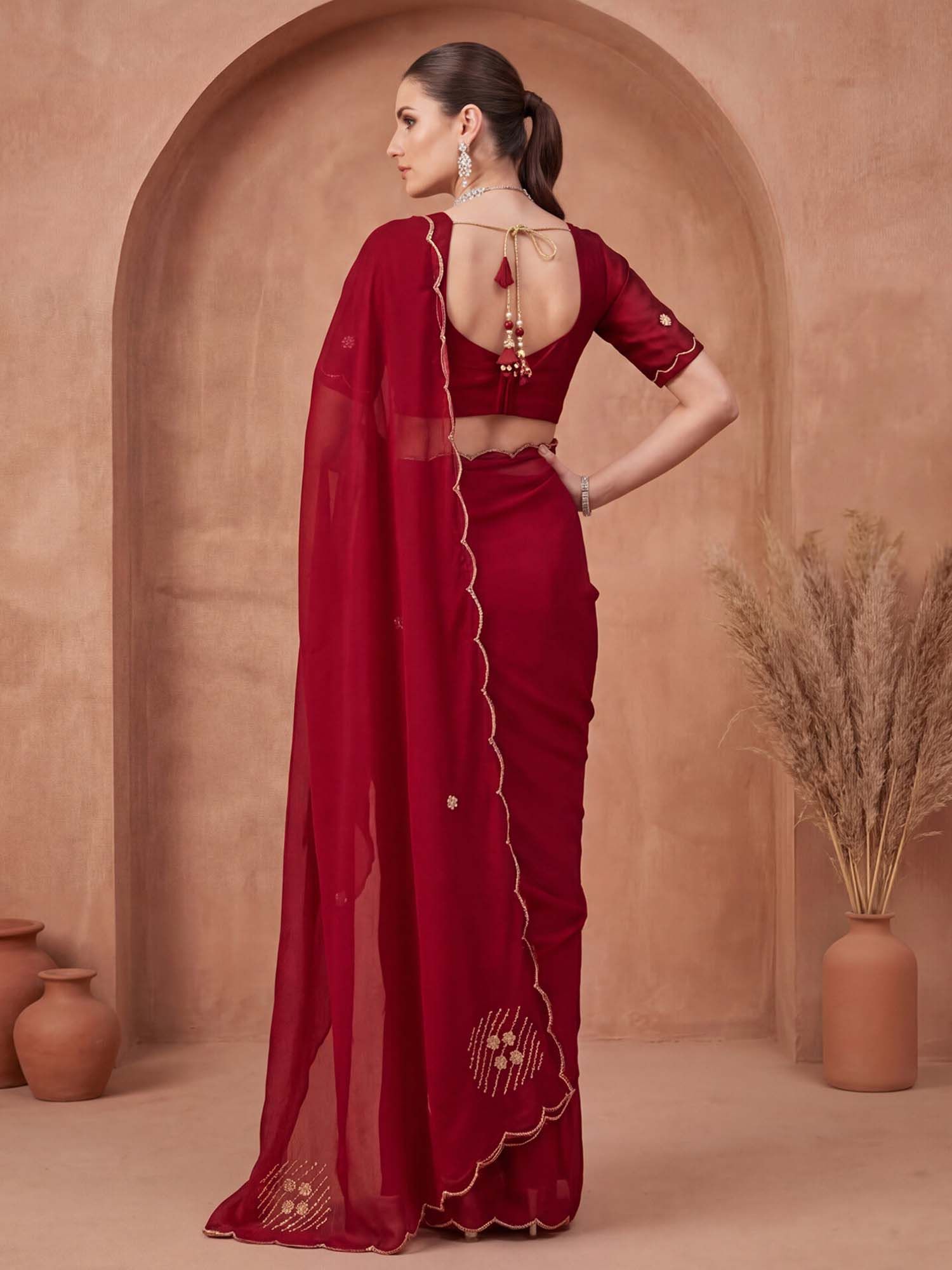 Maroon Hand Embroidery Scalloped Border Silk Saree with Unstitched Blouse