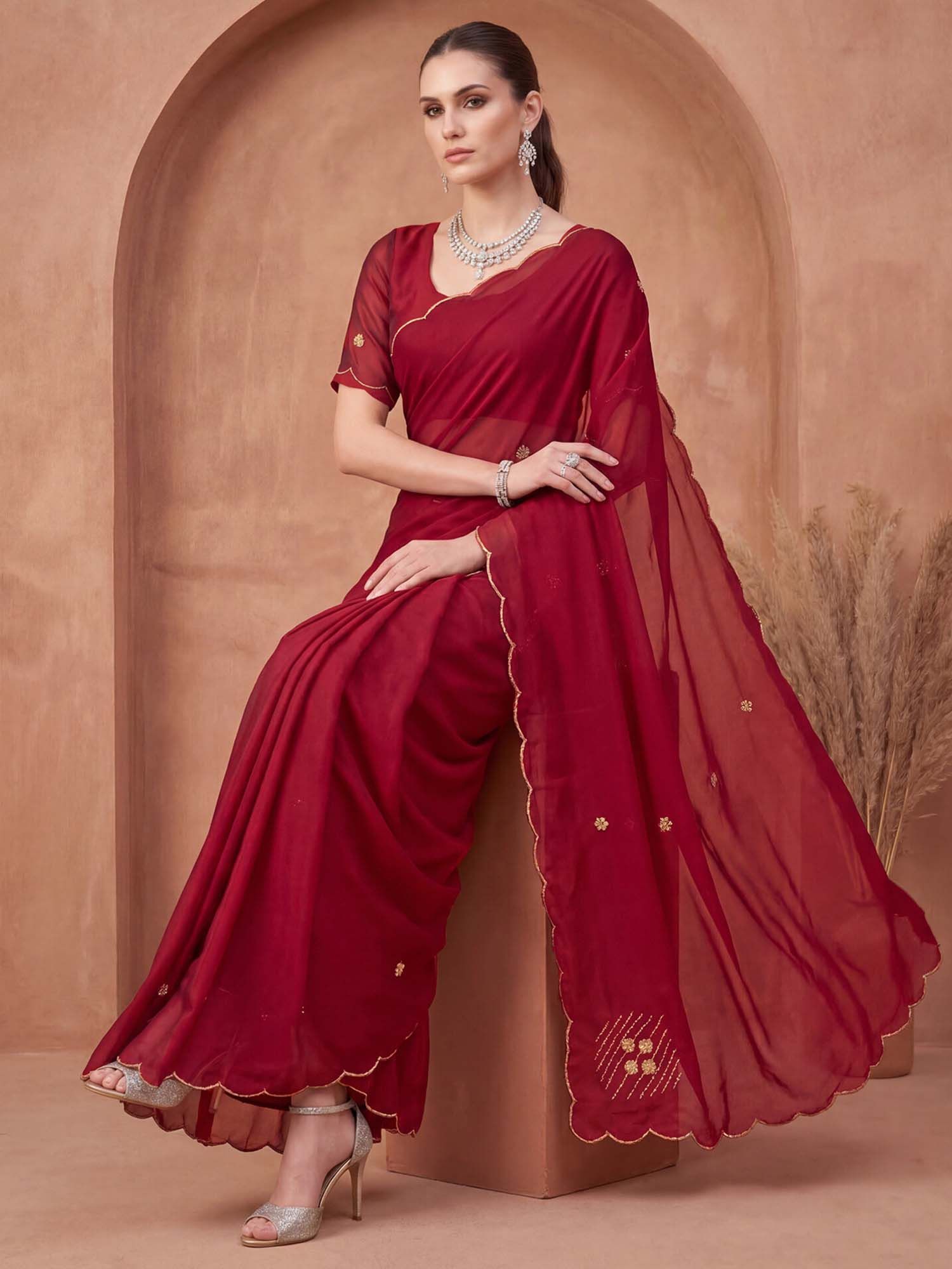 Maroon Hand Embroidery Scalloped Border Silk Saree with Unstitched Blouse
