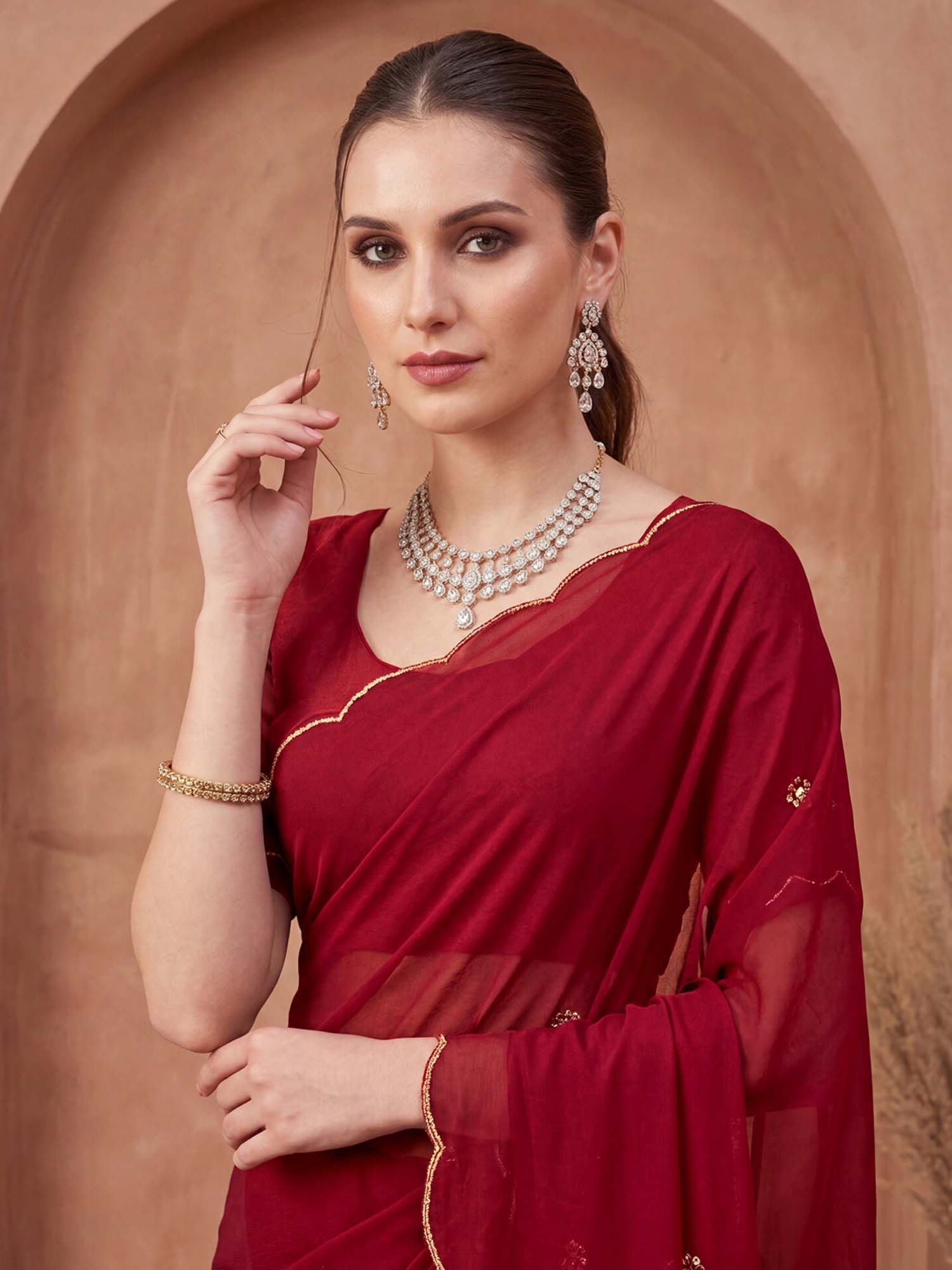 Maroon Hand Embroidery Scalloped Border Silk Saree with Unstitched Blouse