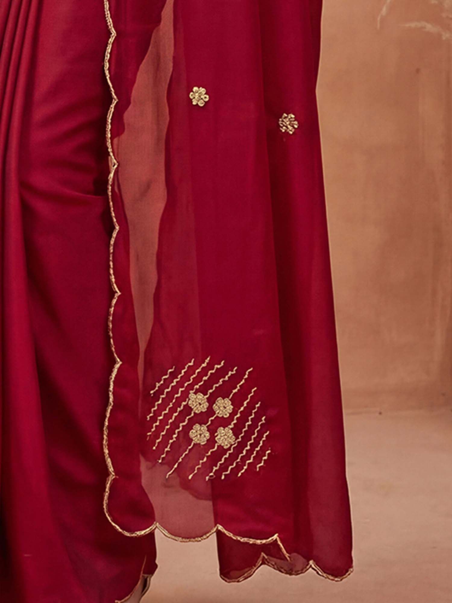 Maroon Hand Embroidery Scalloped Border Silk Saree with Unstitched Blouse