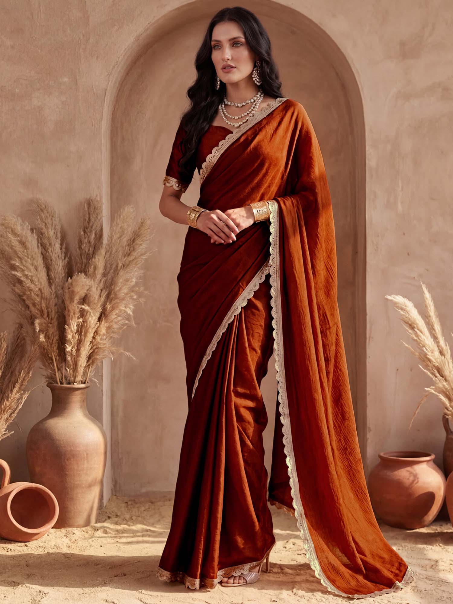 Rust Solid Lace Work Silk Saree with Unstitched Blouse