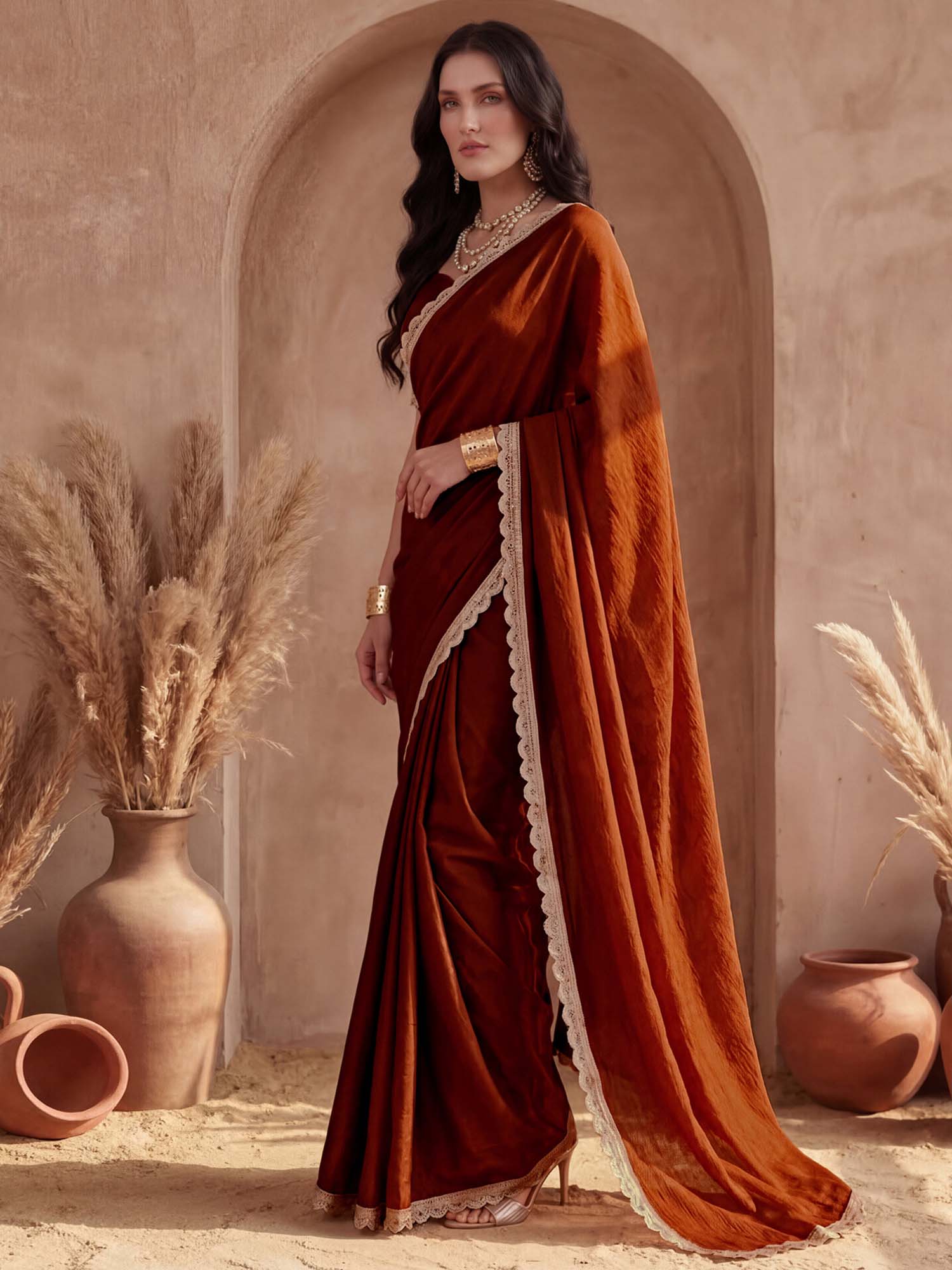 Rust Solid Lace Work Silk Saree with Unstitched Blouse