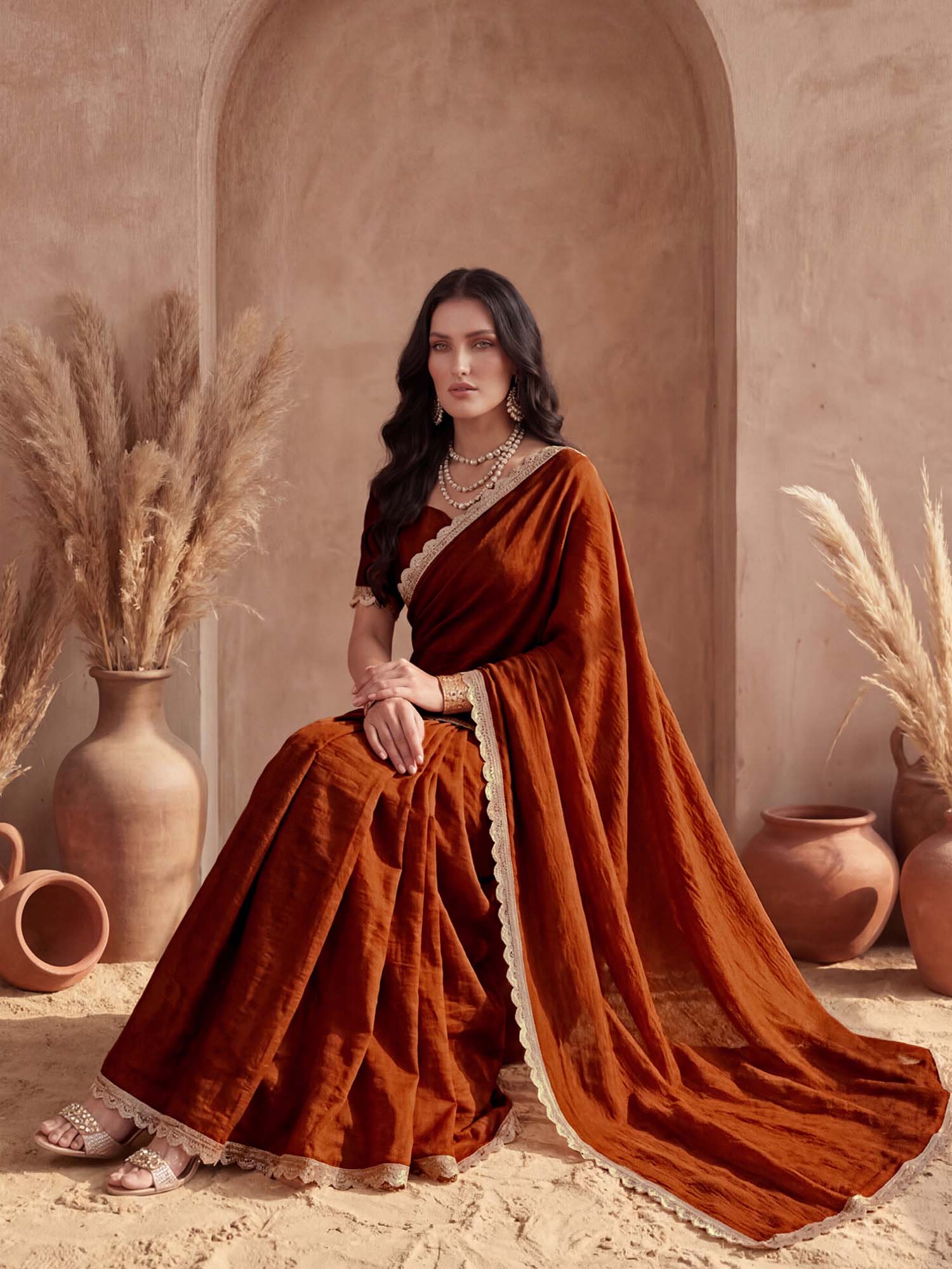 Rust Solid Lace Work Silk Saree with Unstitched Blouse