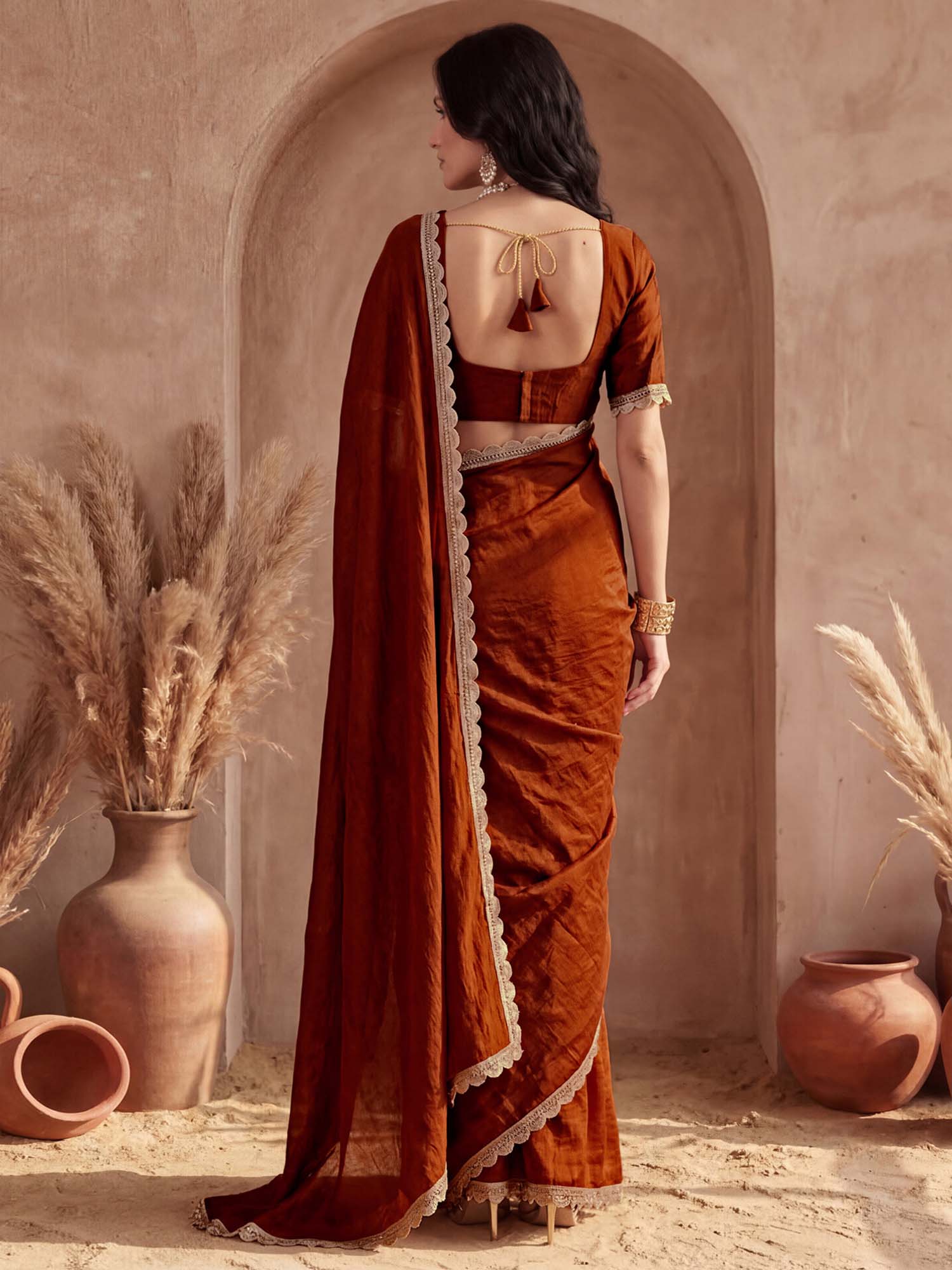 Rust Solid Lace Work Silk Saree with Unstitched Blouse