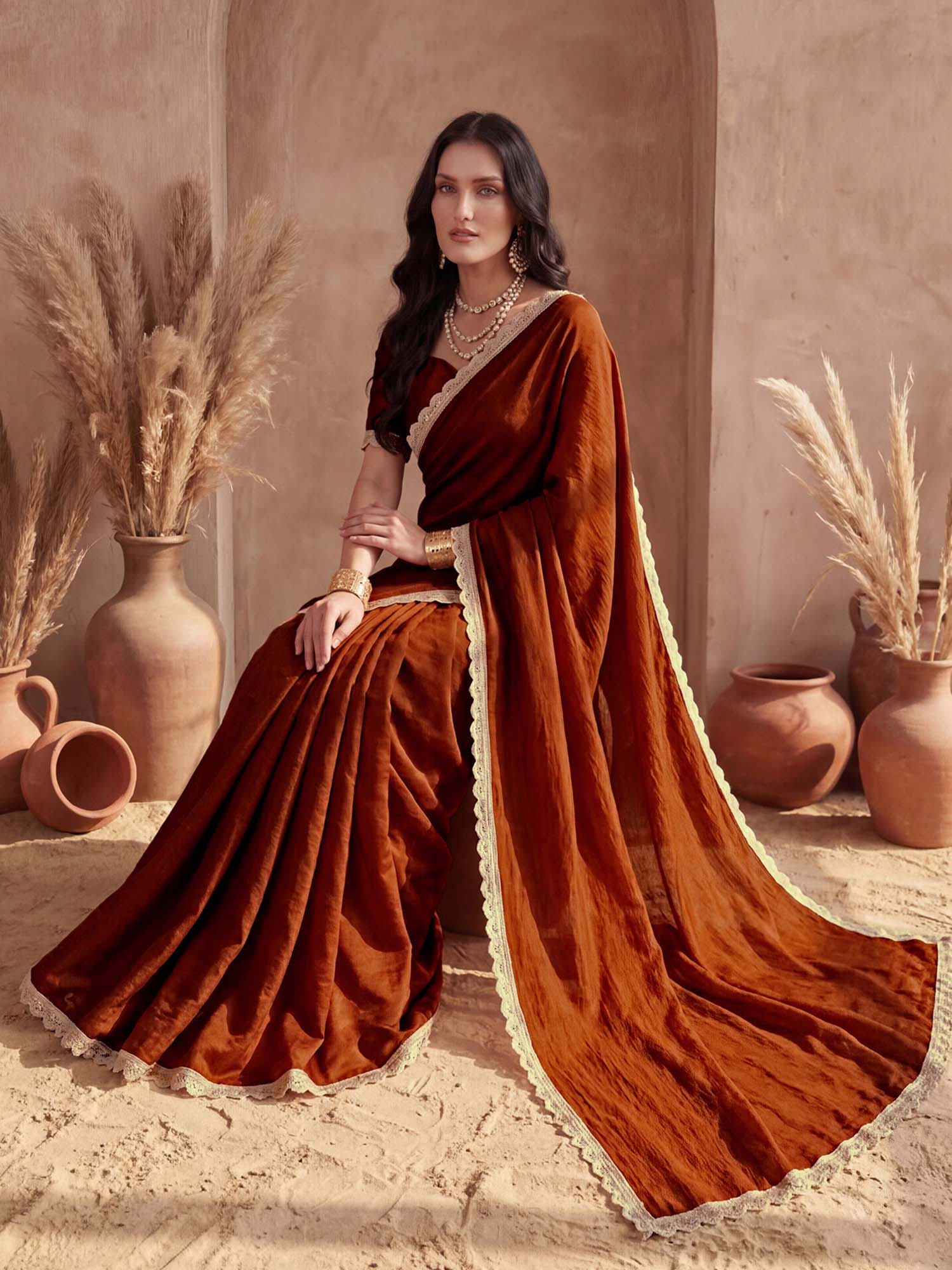 Rust Solid Lace Work Silk Saree with Unstitched Blouse