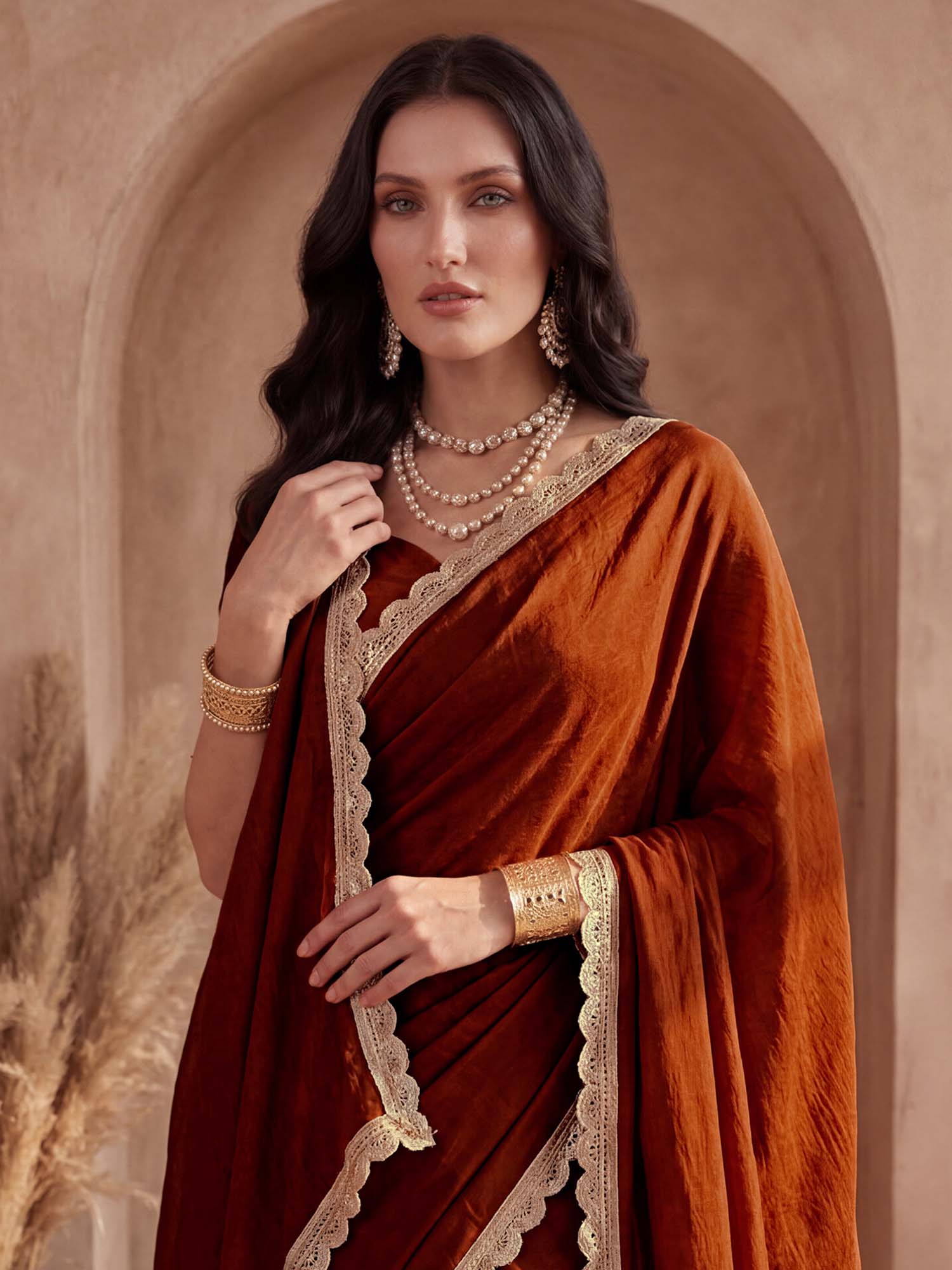 Rust Solid Lace Work Silk Saree with Unstitched Blouse