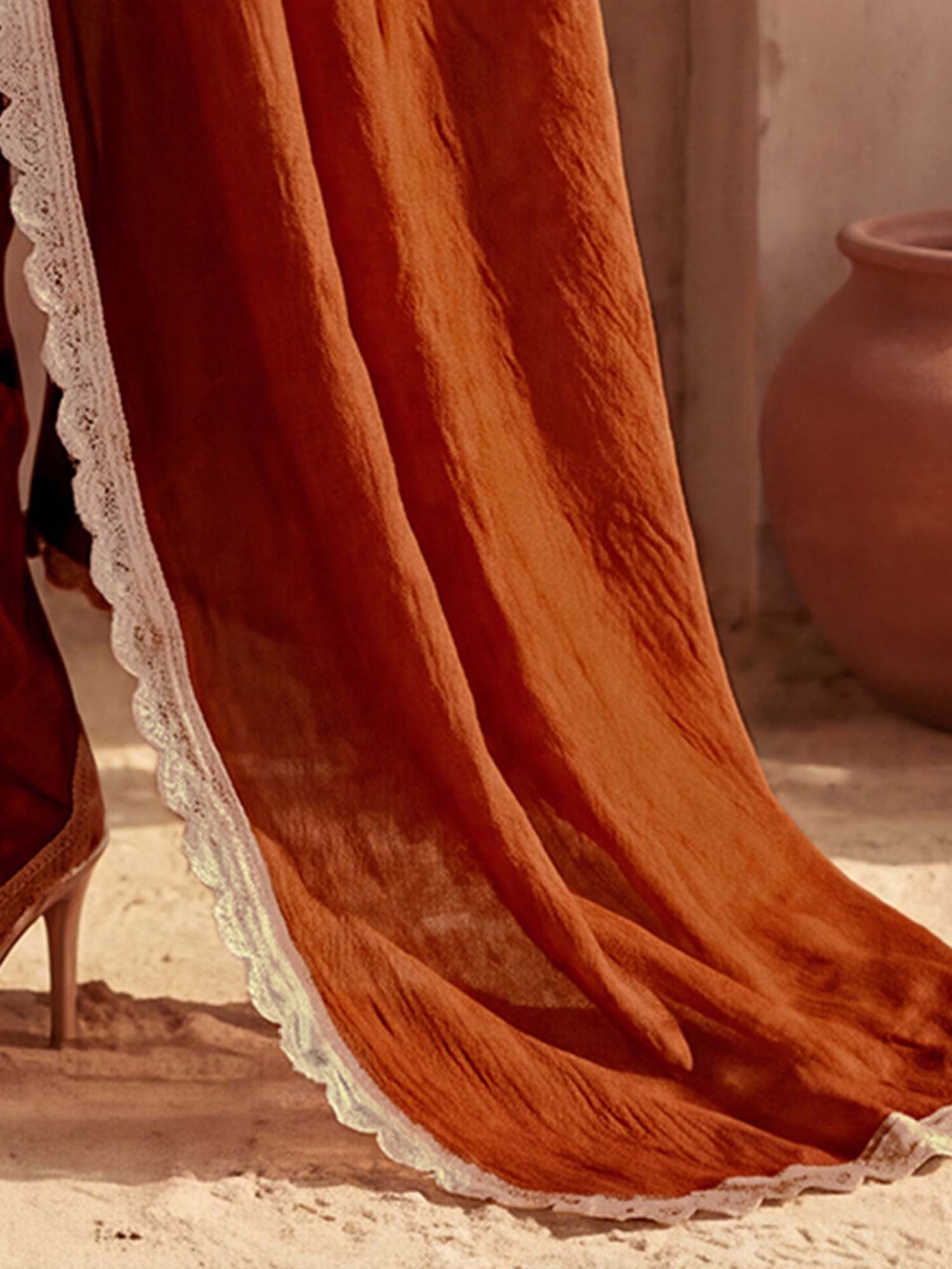 Rust Solid Lace Work Silk Saree with Unstitched Blouse