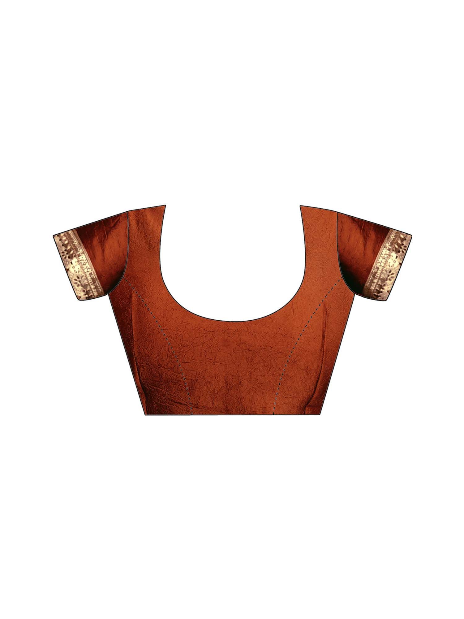 Rust Solid Lace Work Silk Saree with Unstitched Blouse