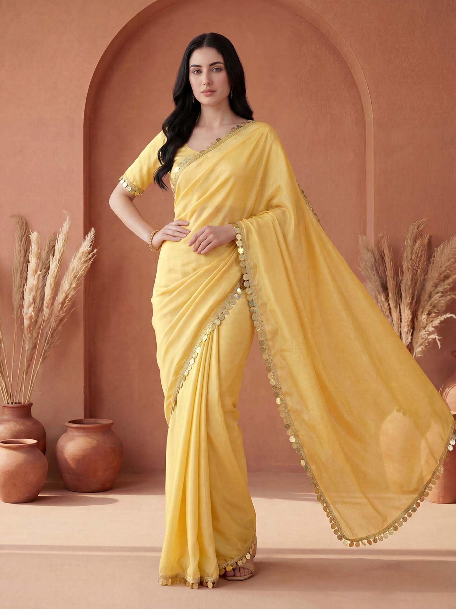 Yellow Solid Lace Work Georgette Saree with Unstitched Blouse