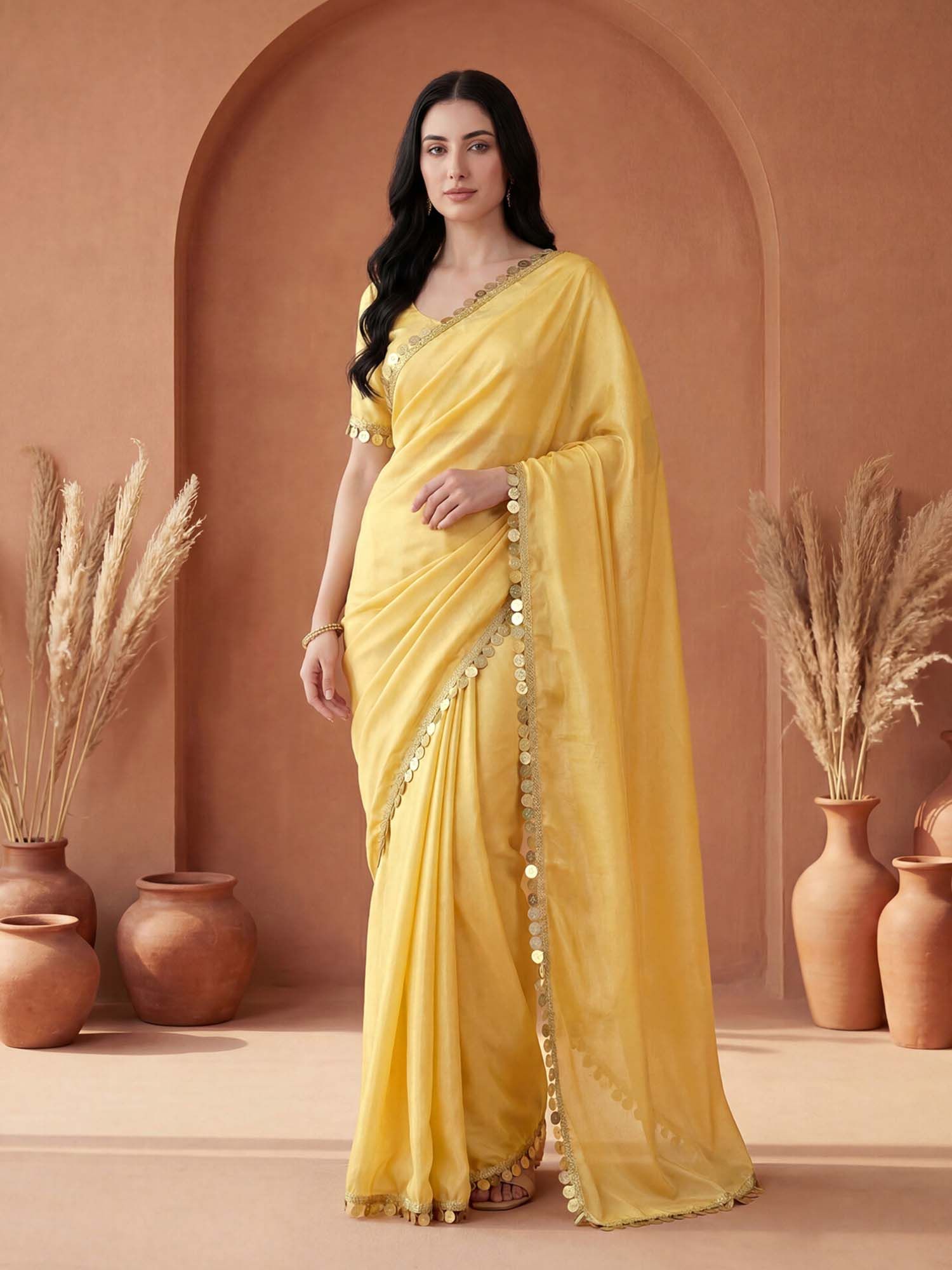 Yellow Solid Lace Work Georgette Saree with Unstitched Blouse