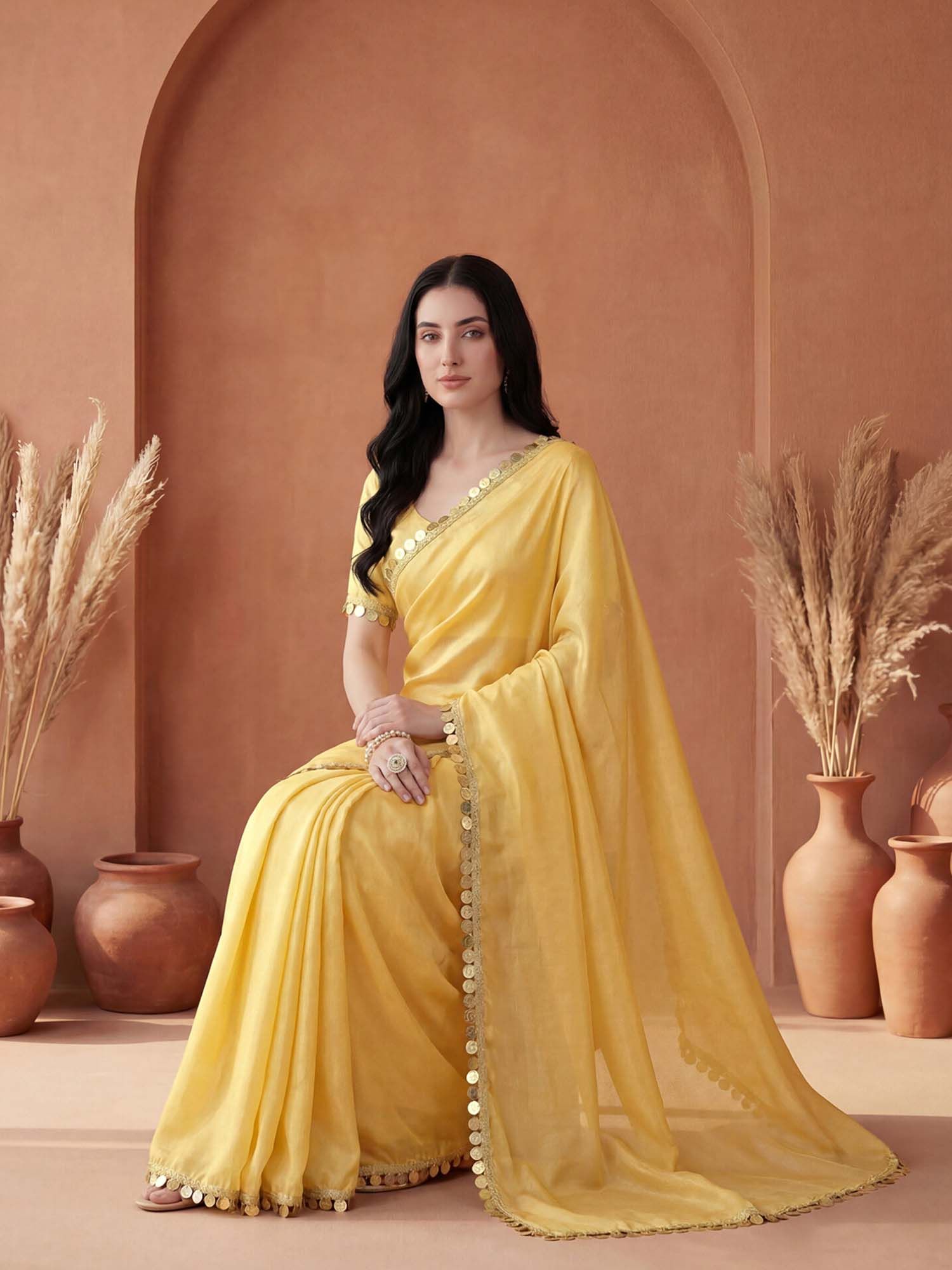 Yellow Solid Lace Work Georgette Saree with Unstitched Blouse