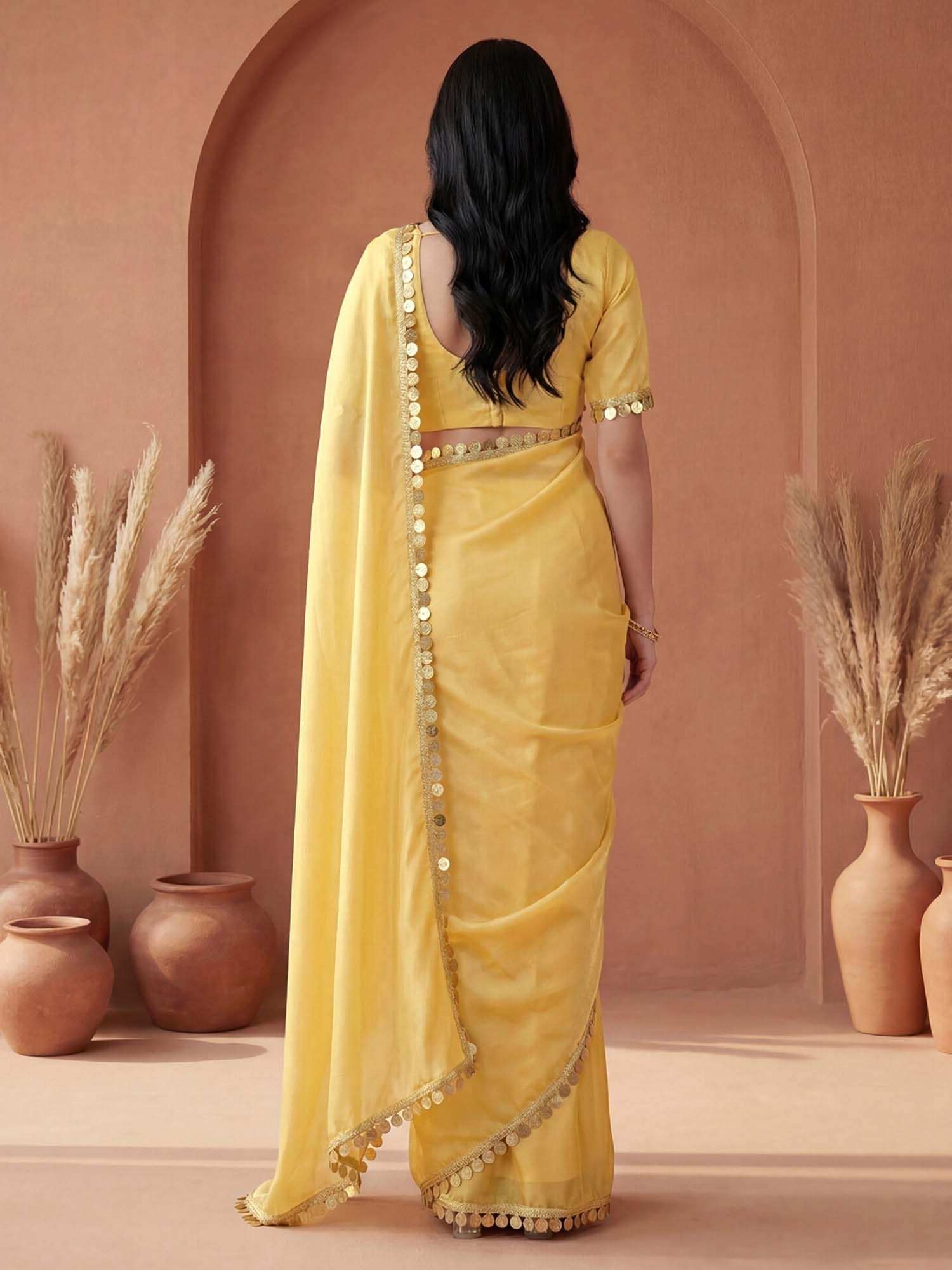 Yellow Solid Lace Work Georgette Saree with Unstitched Blouse
