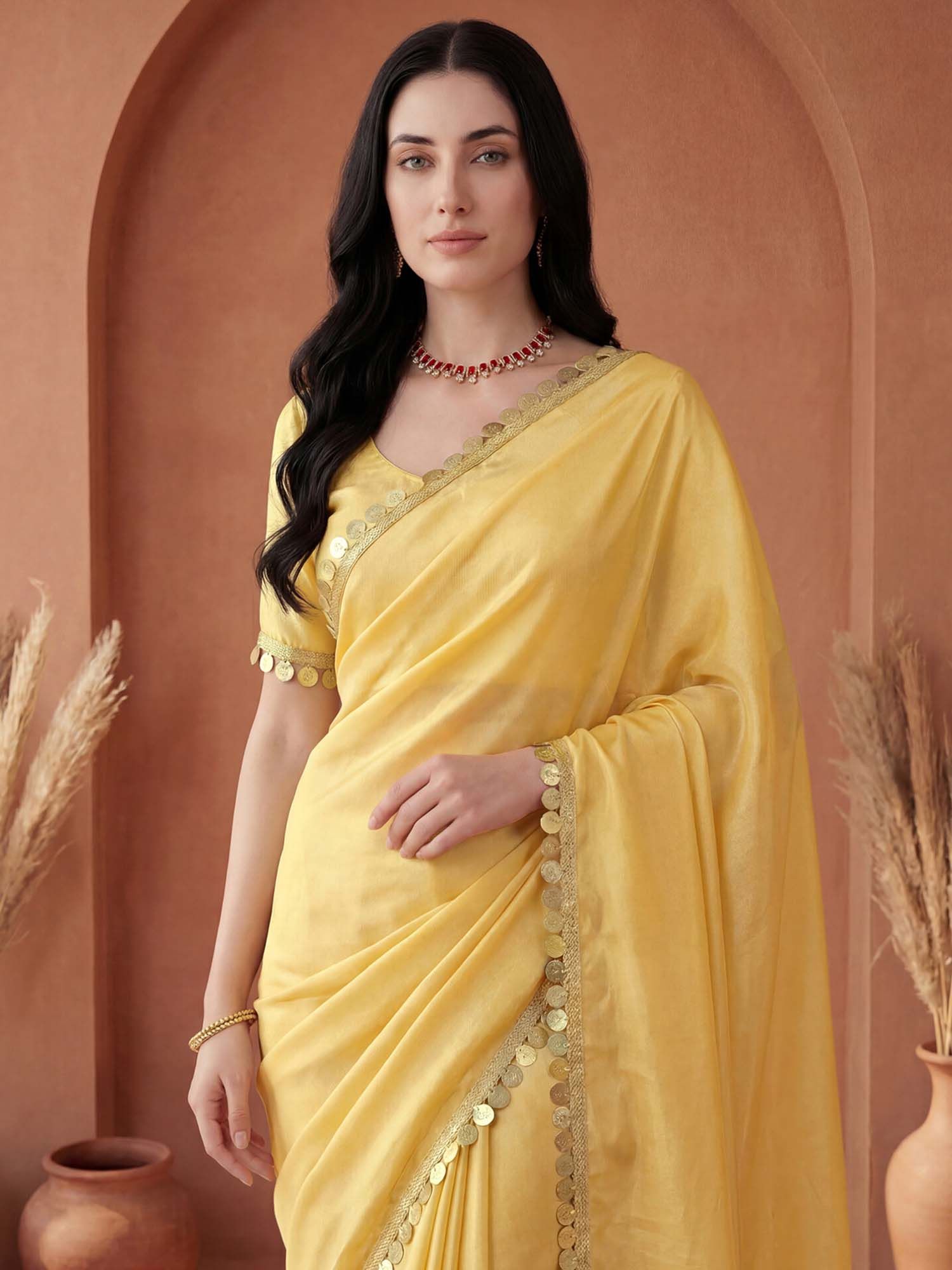 Yellow Solid Lace Work Georgette Saree with Unstitched Blouse
