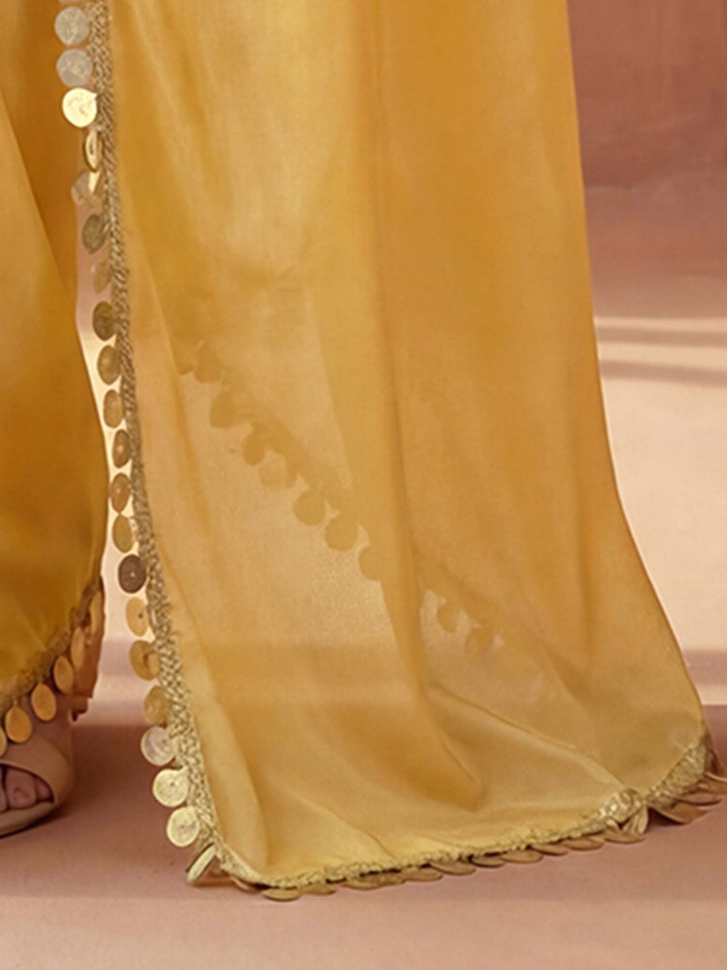 Yellow Solid Lace Work Georgette Saree with Unstitched Blouse