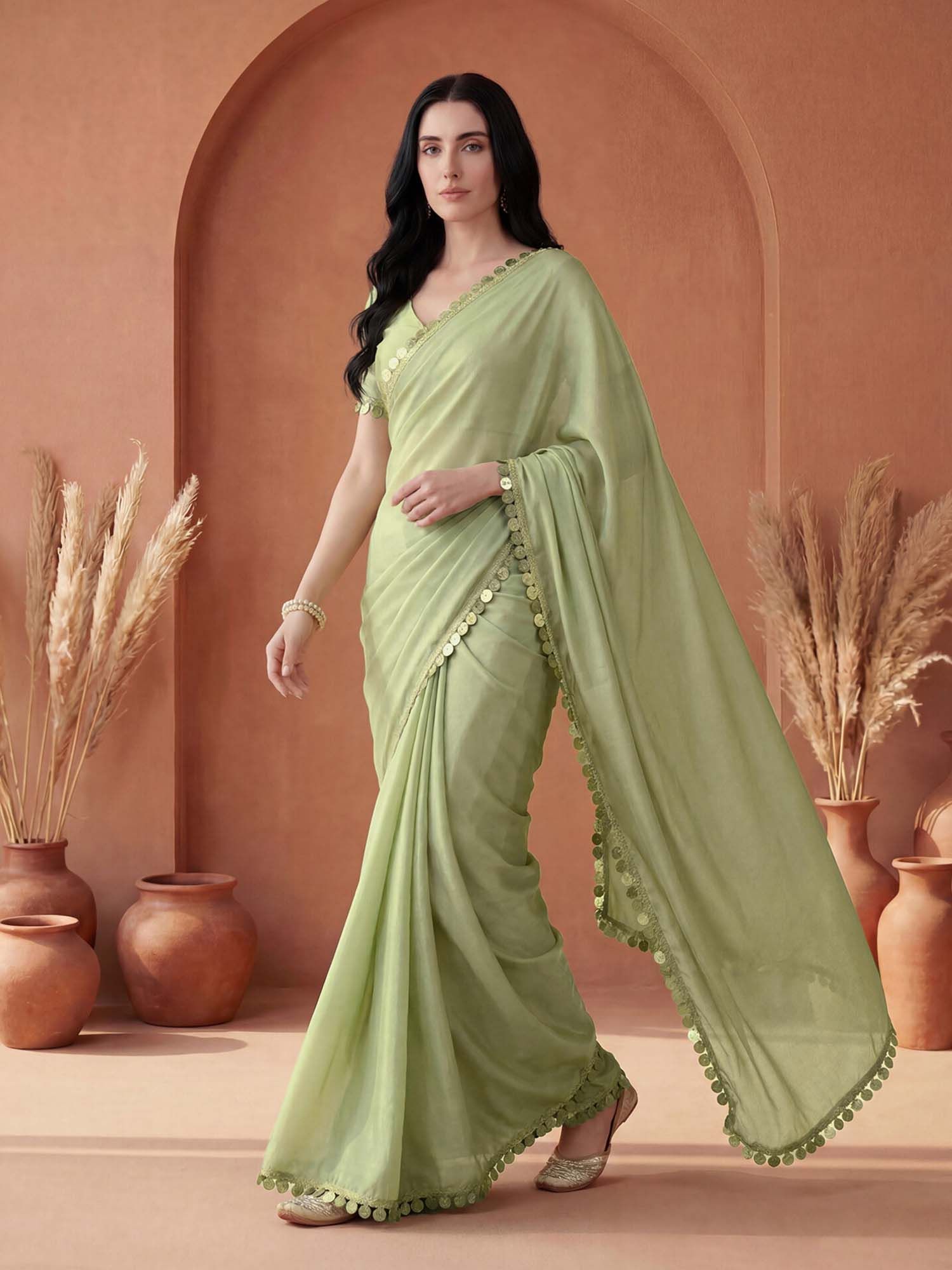 Pista Green Solid Lace Work Georgette Saree with Unstitched Blouse