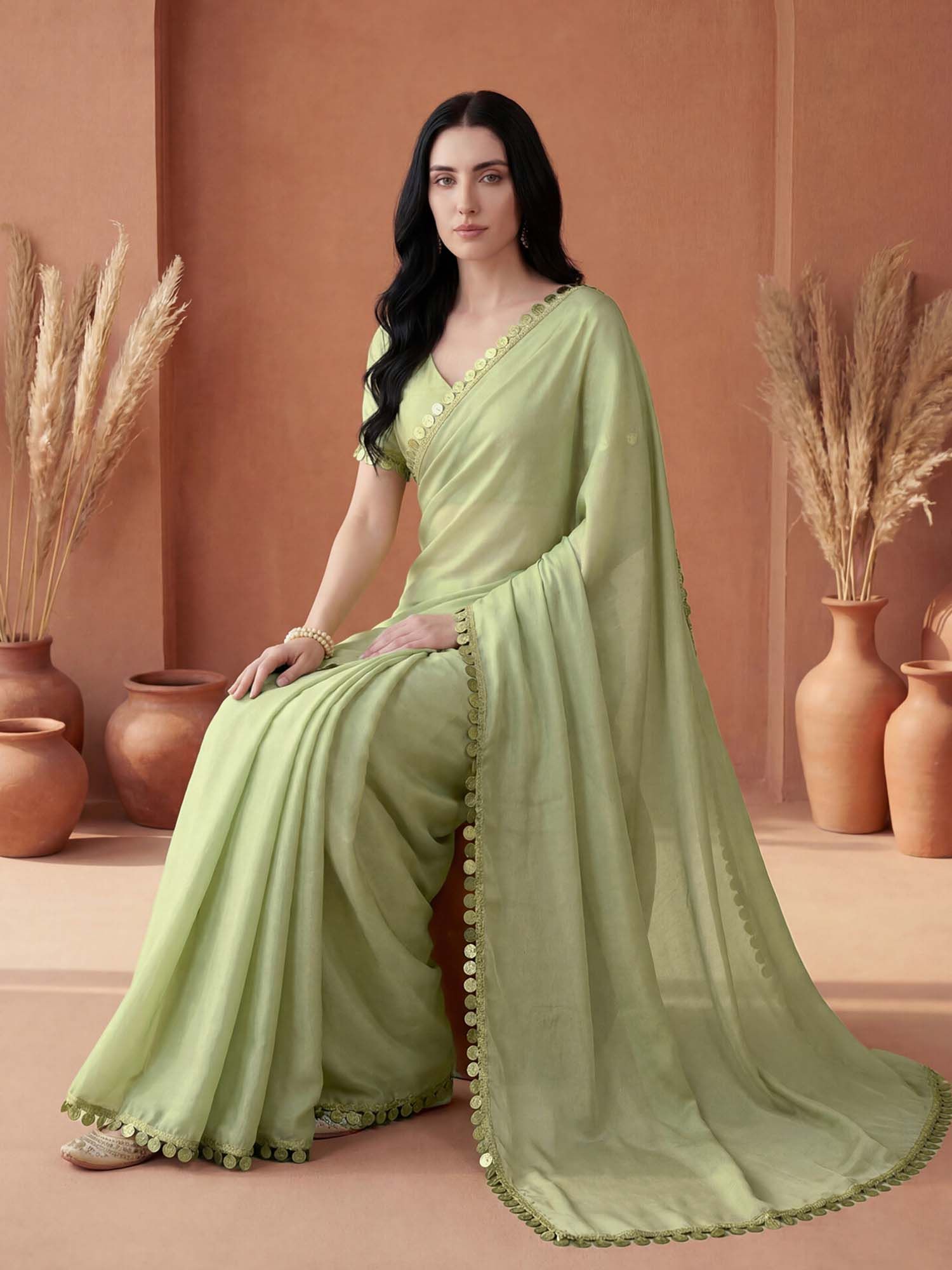 Pista Green Solid Lace Work Georgette Saree with Unstitched Blouse