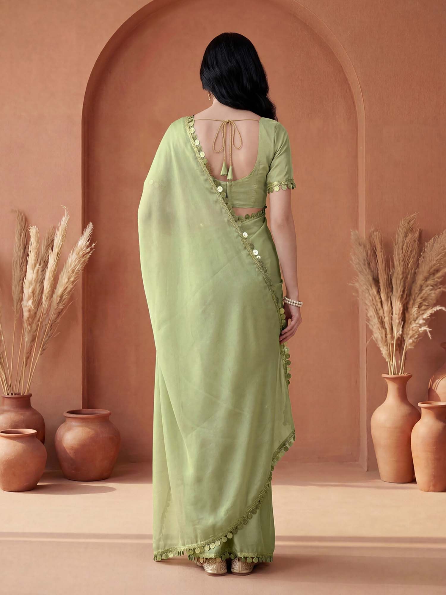 Pista Green Solid Lace Work Georgette Saree with Unstitched Blouse