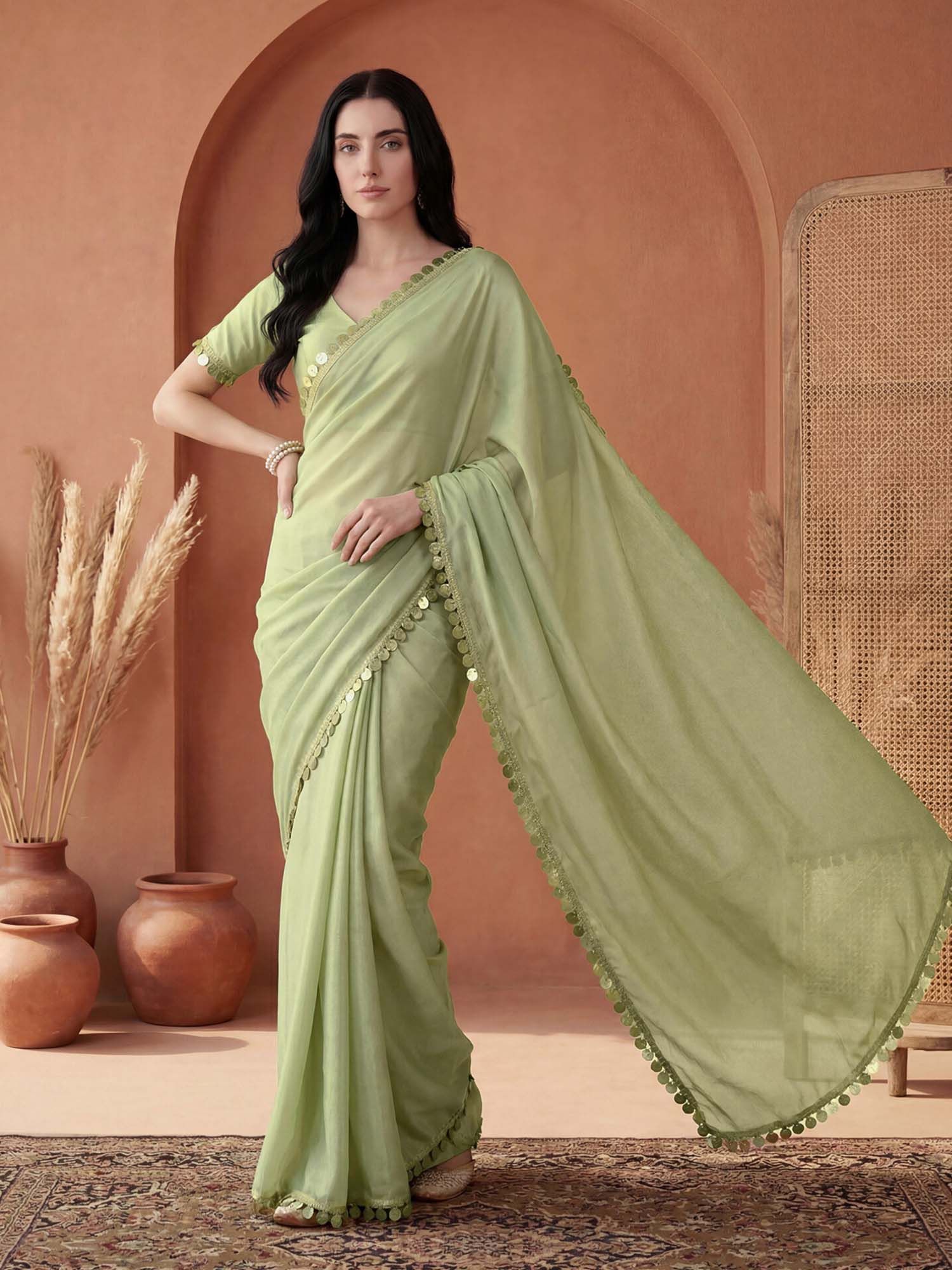 Pista Green Solid Lace Work Georgette Saree with Unstitched Blouse